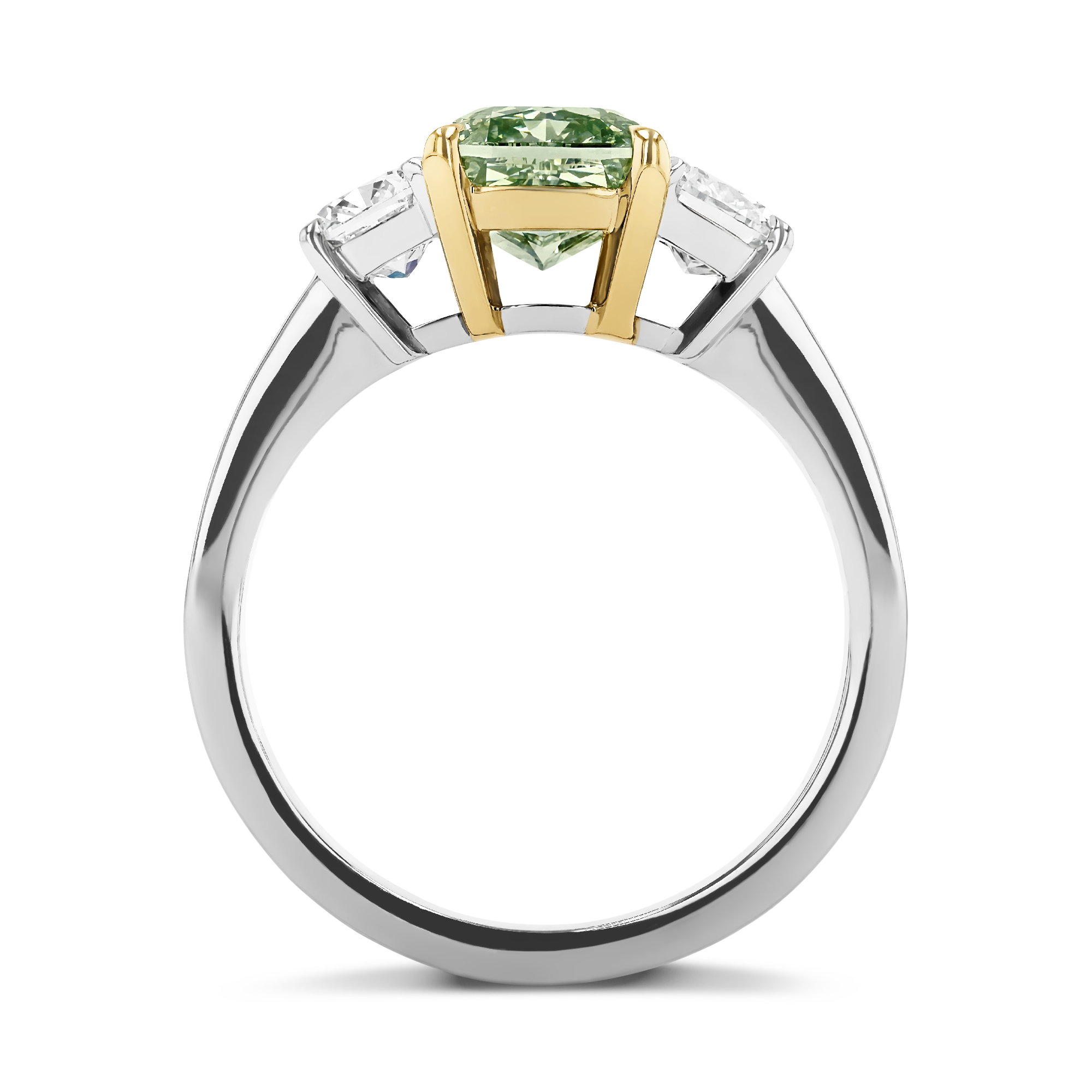 Masterpiece Fancy Intense Yellowish Green Diamond Ring in Deco Setting Cushion Modern Cut, Four Claw Set_3