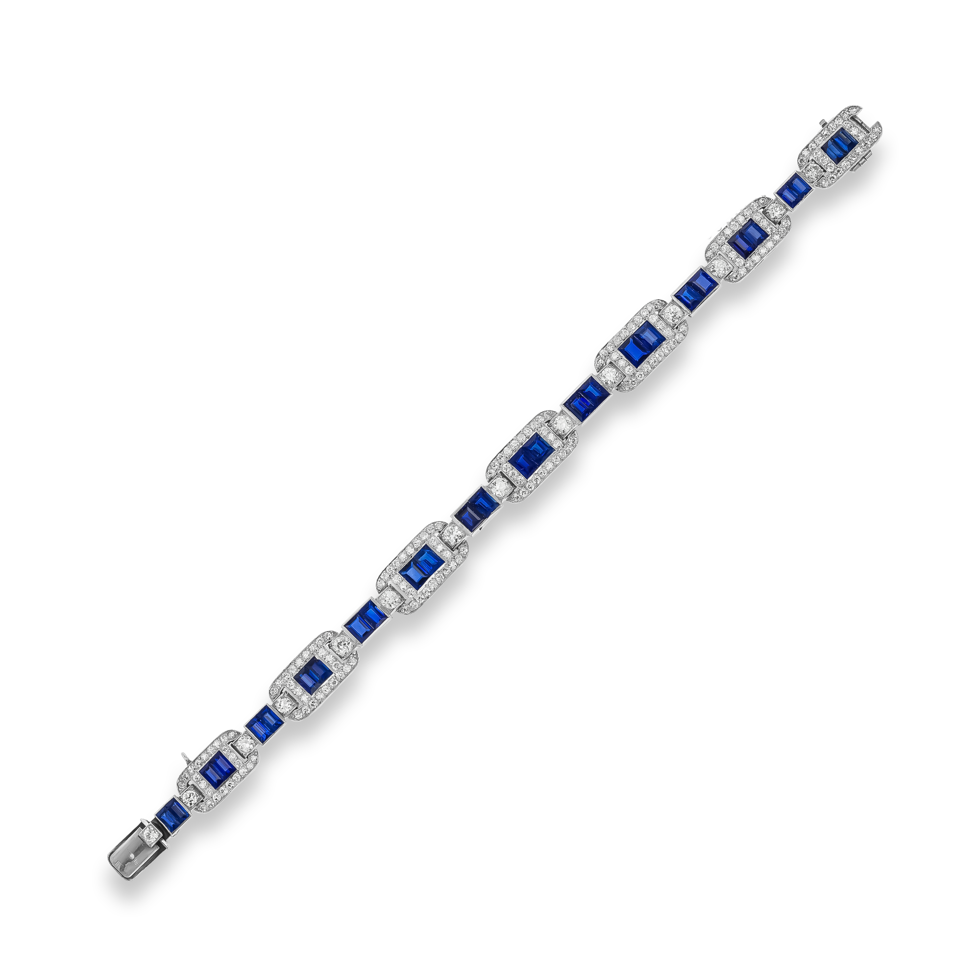 Art Deco Baguette Cut Sapphire and Diamond Line Bracelet Baguette Cut, Rubover Set_2