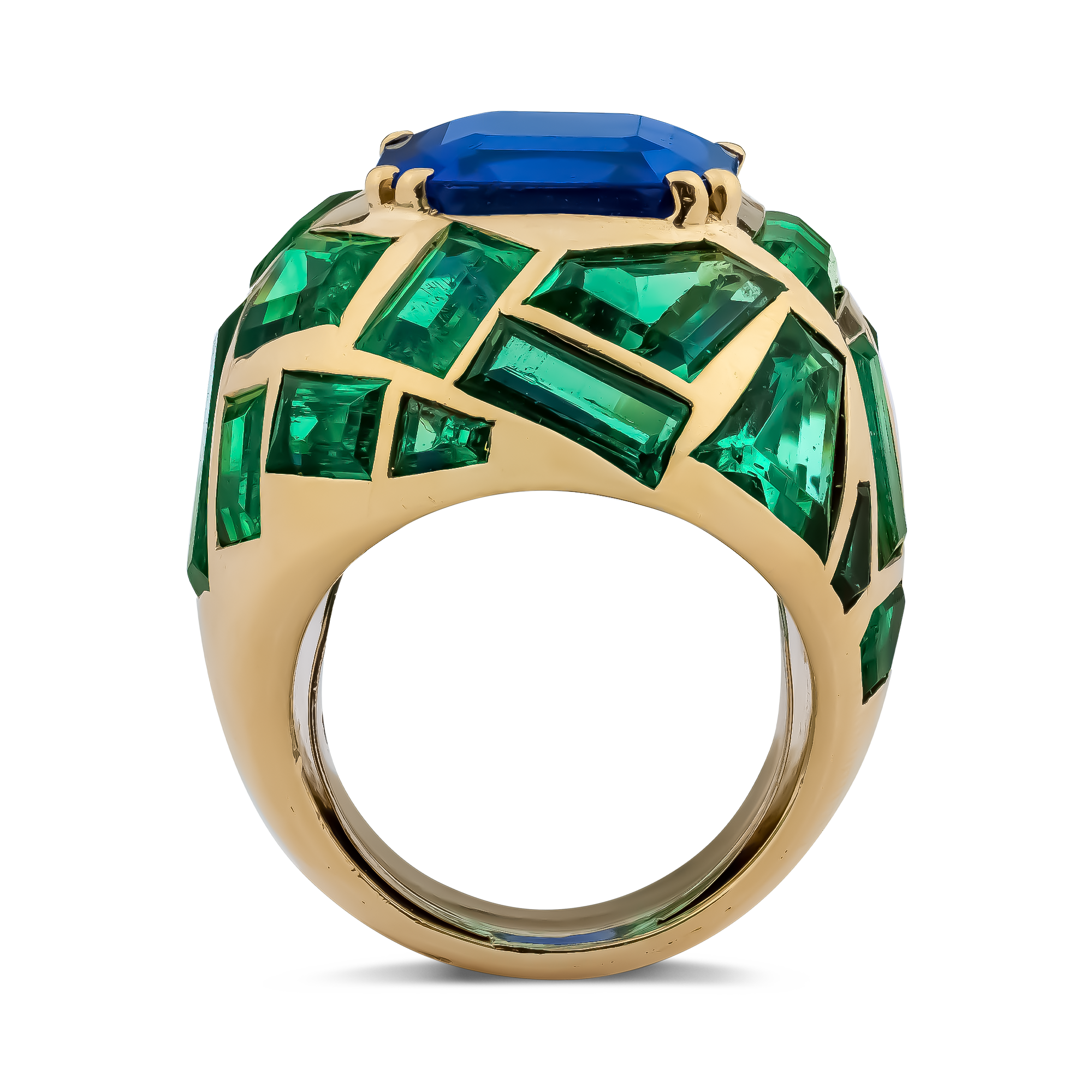Retro Suzanne Belperron 12.543ct Burma Sapphire and Emerald Bombé Ring Octagonal Cut, Claw Set_3