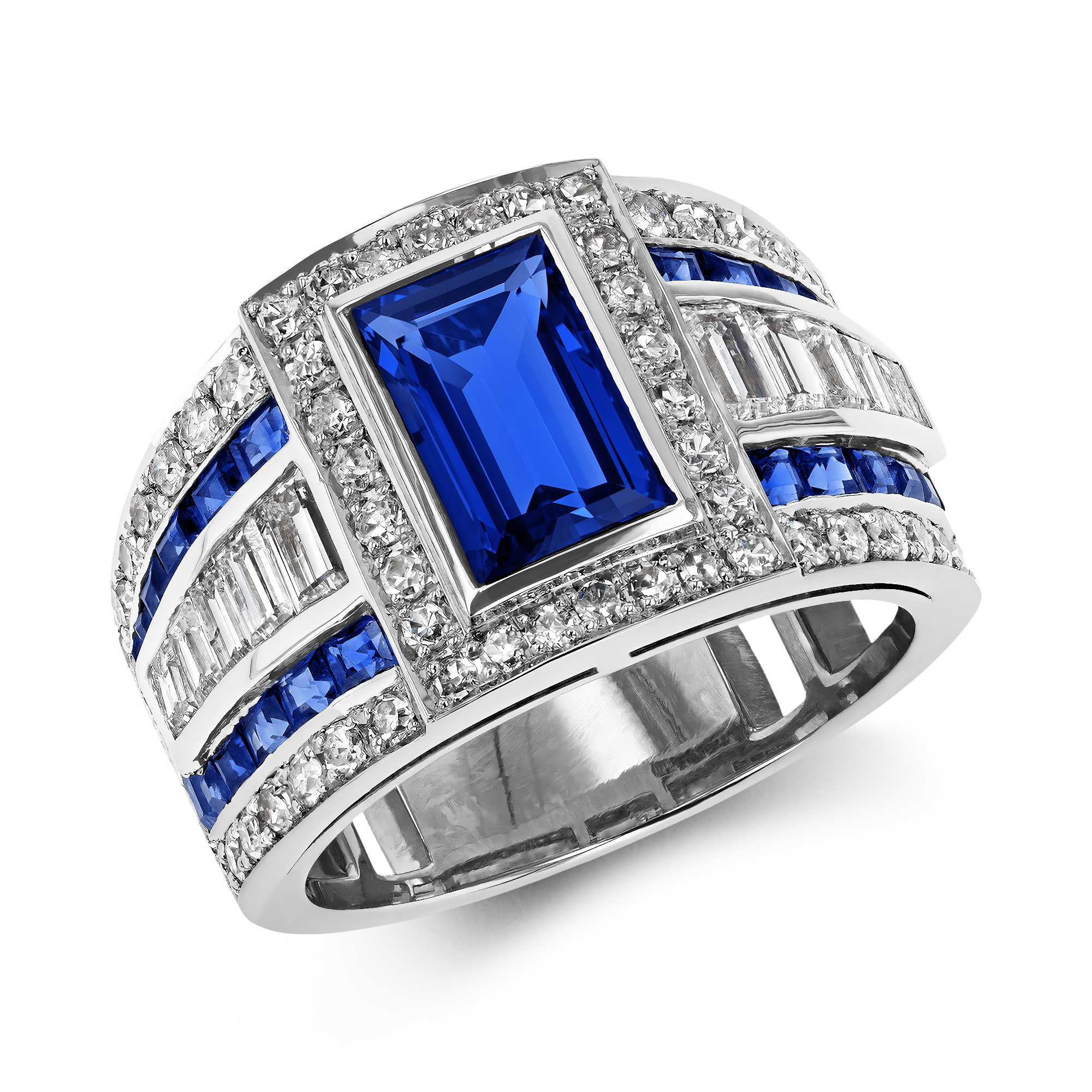 Art Deco Inspired Blue Sapphire Ring Emerald Cut, Rubover Set_1