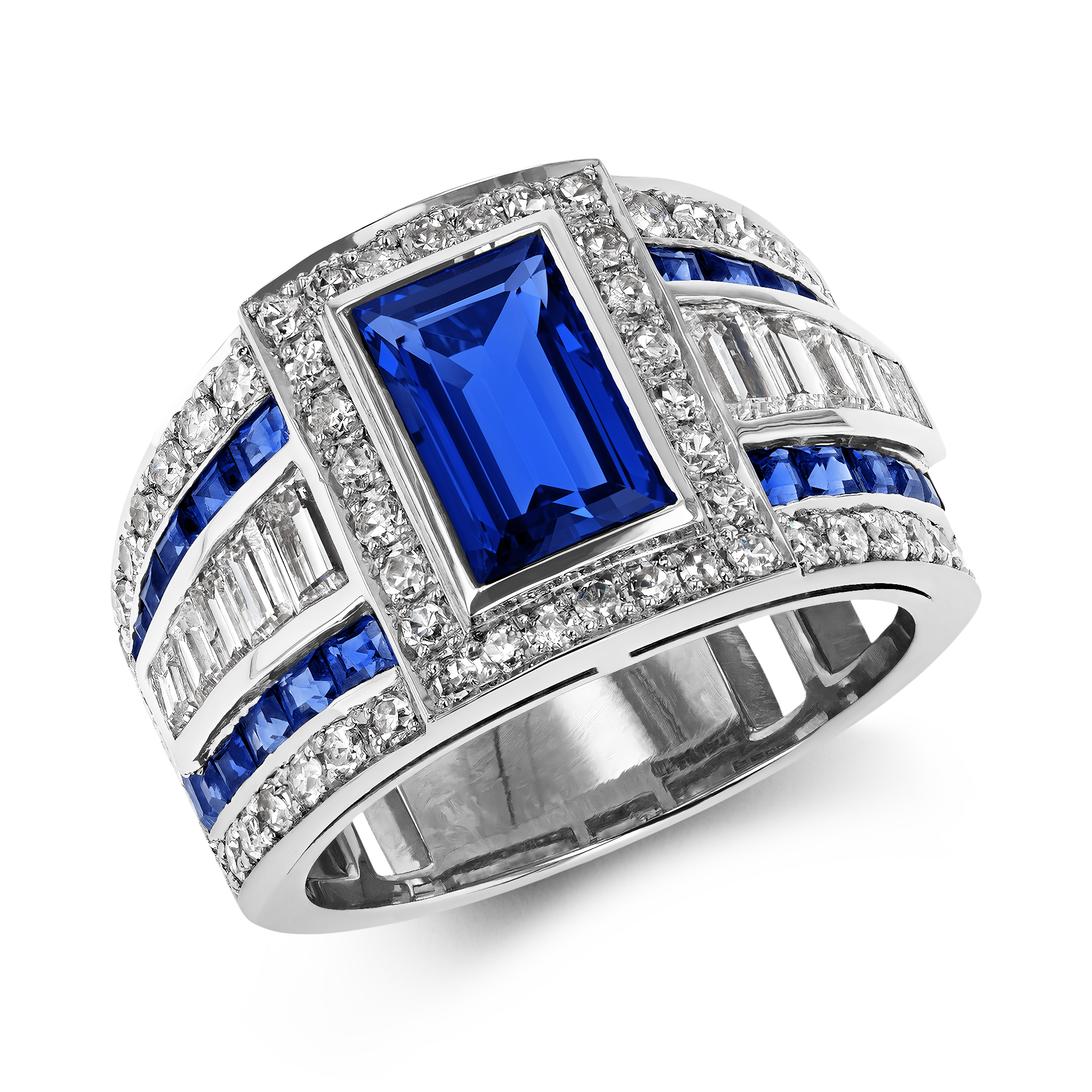 Art Deco Inspired Blue Sapphire Ring Emerald Cut, Rubover Set_1