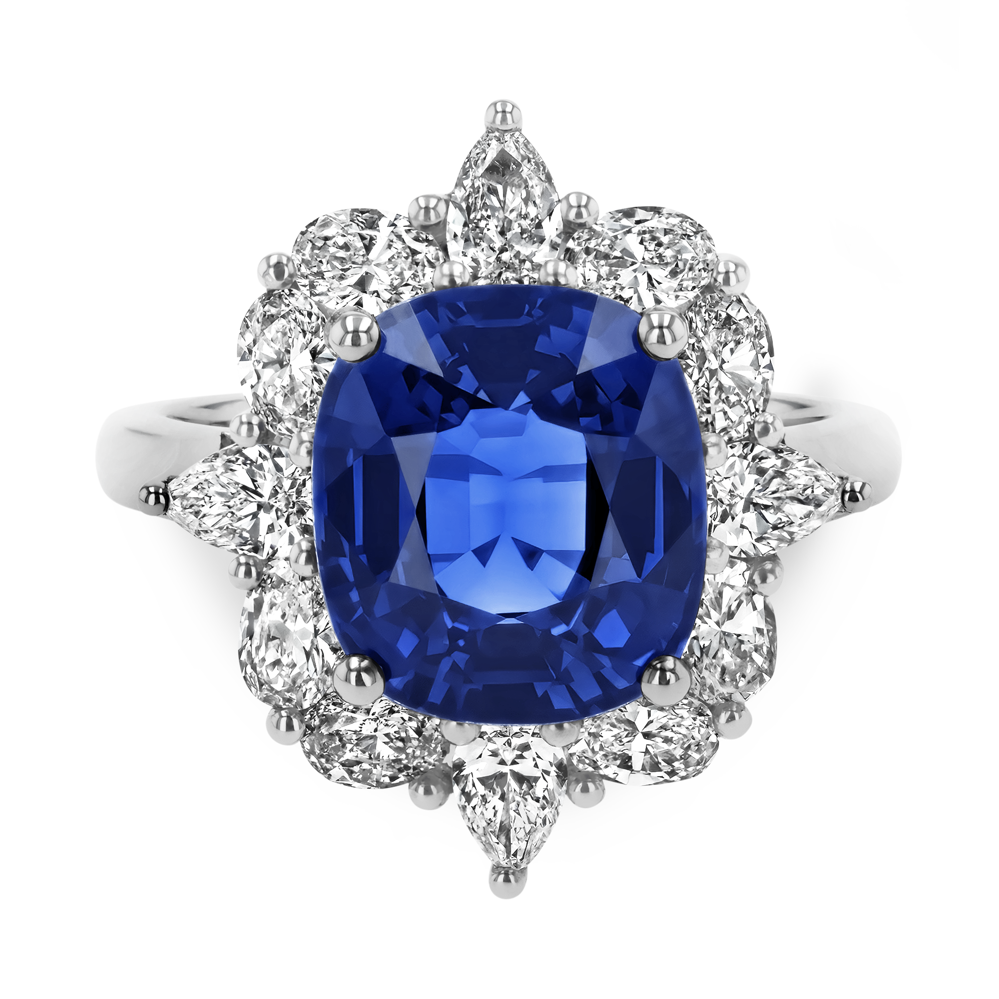 Sri Lankan Sapphire Cluster Ring with Pear and Oval Diamond Surround Cushion Modern Cut, Four Claw Set_2