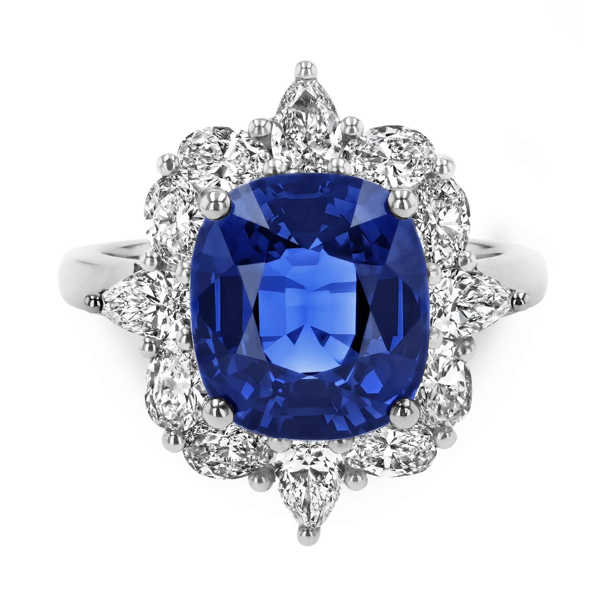 Sri Lankan Sapphire Cluster Ring with Pear and Oval Diamond Surround Cushion Modern Cut, Four Claw Set_2