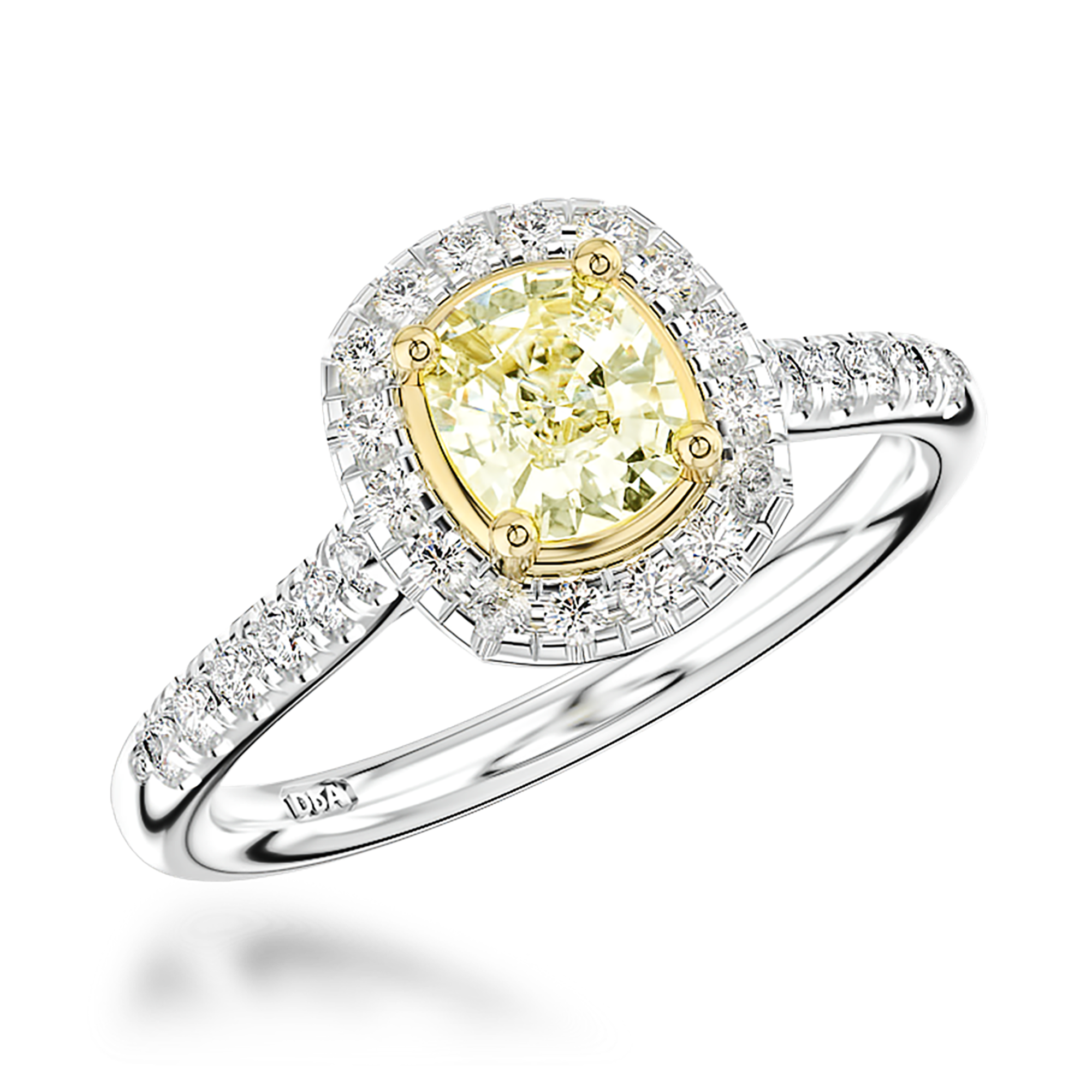 Fancy Yellow Diamond Cluster Ring with Diamond Surround and Shoulders Cushion Modern Cut, Four Claw Set_1