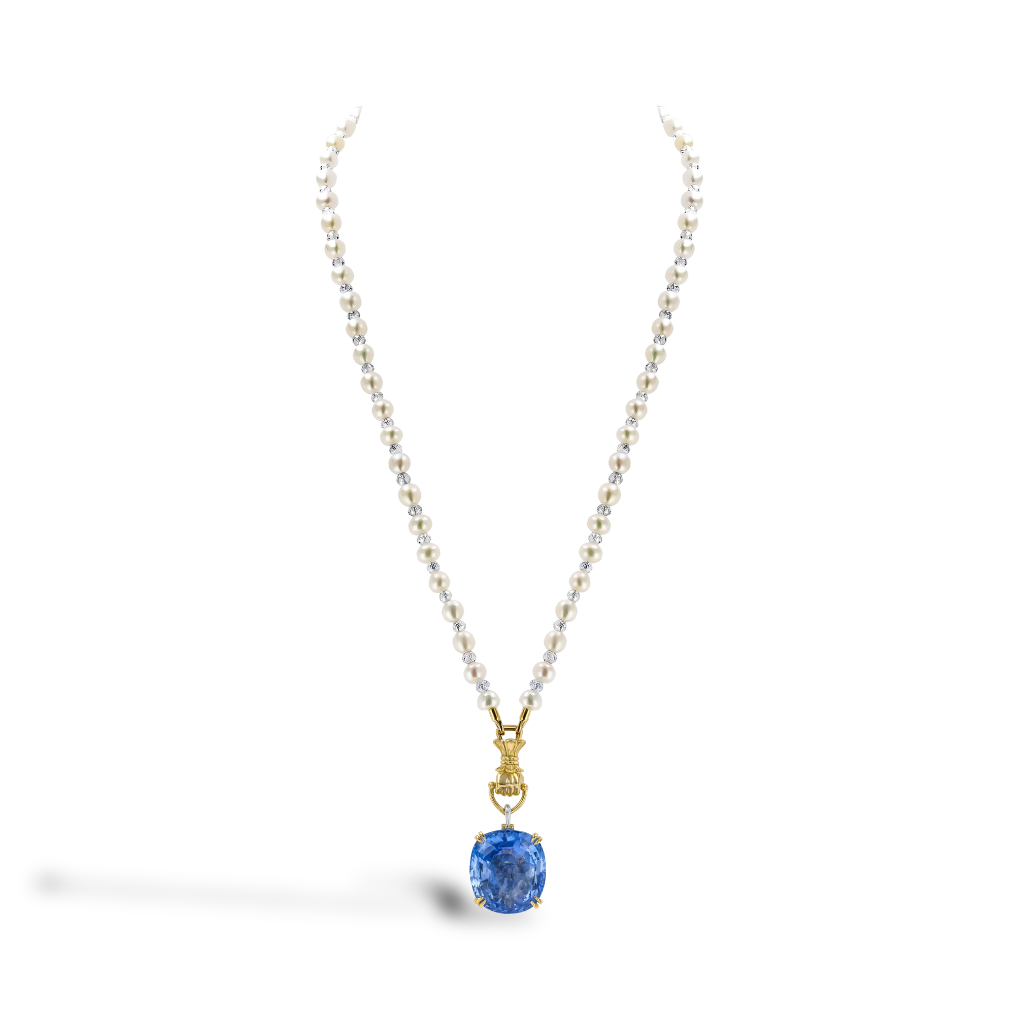Masterpiece 37.09ct Sri Lankan Sapphire, Akoya Pearl and Diamond Figa Fortuna Pendant Antique Cushion & Briolette Cut, Claw Set_2