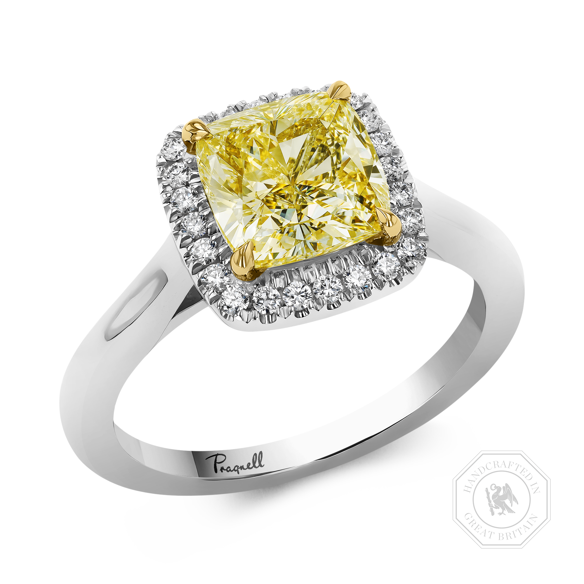 Cushion Cut 2.57ct Fancy Yellow Diamond Cluster Ring Cushion & Brilliant Cut, Claw Set_1