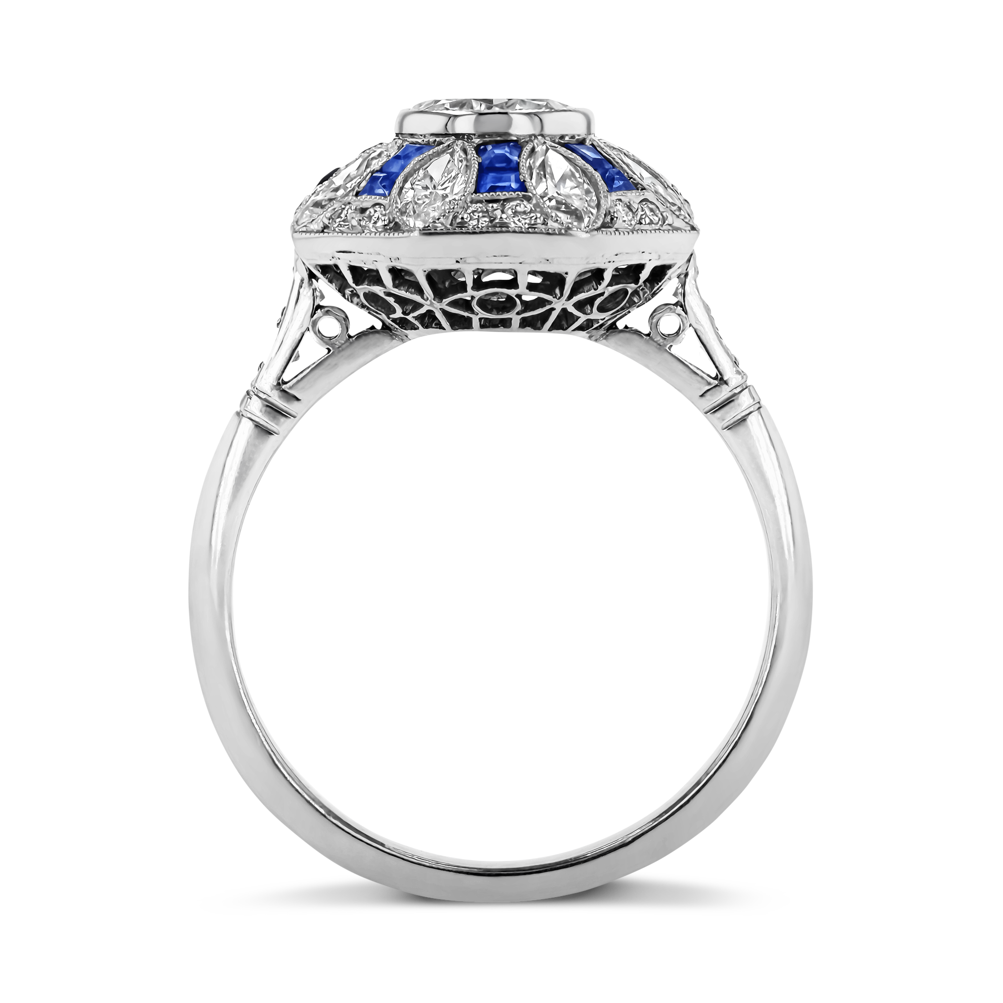 Art Deco Inspired Diamond and Sapphire Cluster Ring Old Cut, Millegrain Set_3