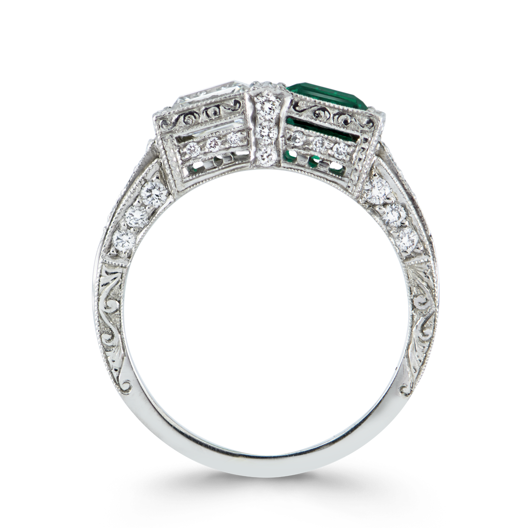 Art Deco Diamond & Emerald Ring Step Cut Two Stone Ring, with Diamond Surround_3