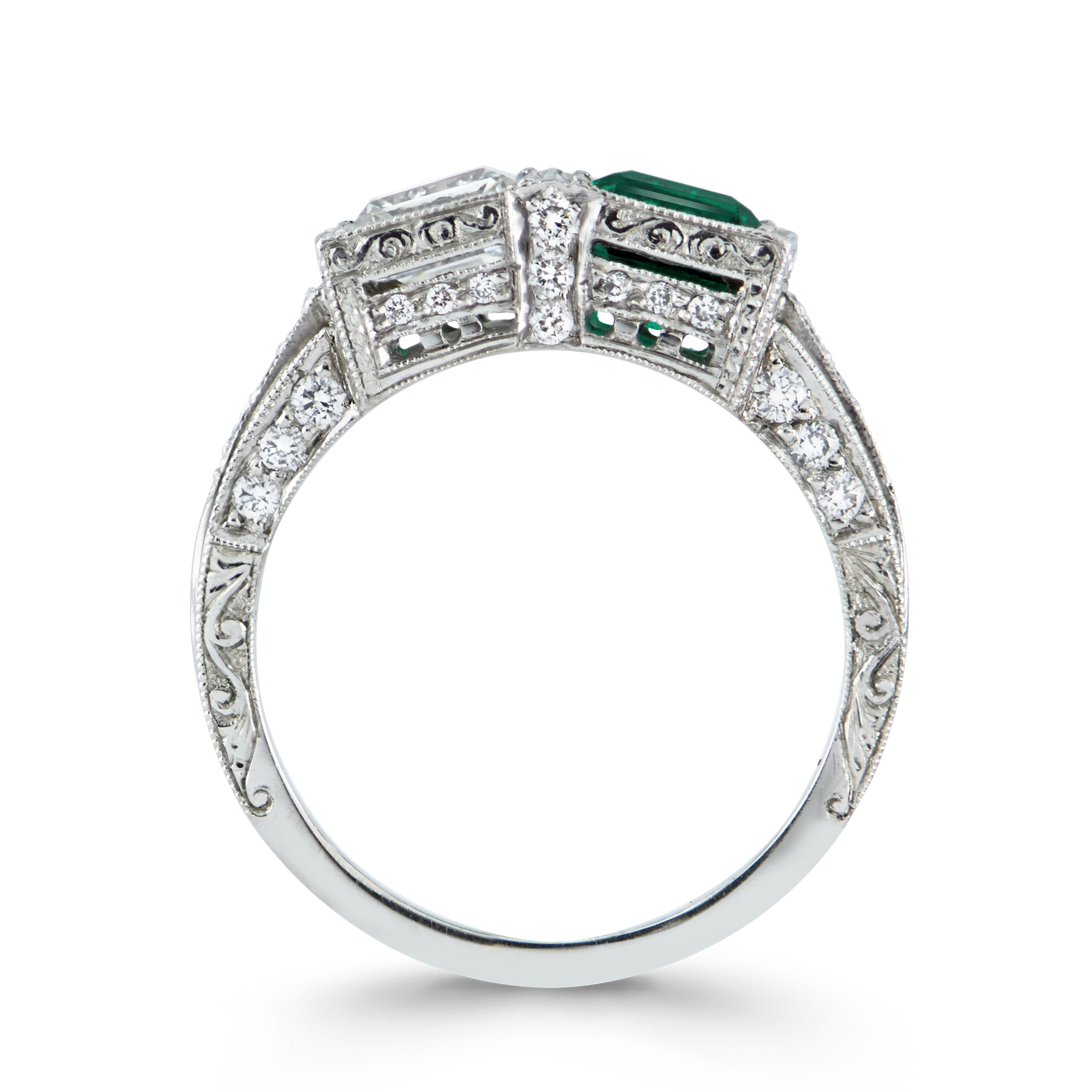 Art Deco Diamond & Emerald Ring Step Cut Two Stone Ring, with Diamond Surround_3