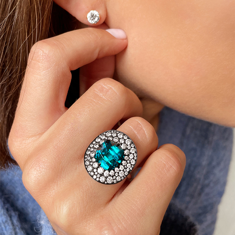 Snowstorm Green Indicolite Cluster Ring Claw Set with Pave set Diamond Surround_10