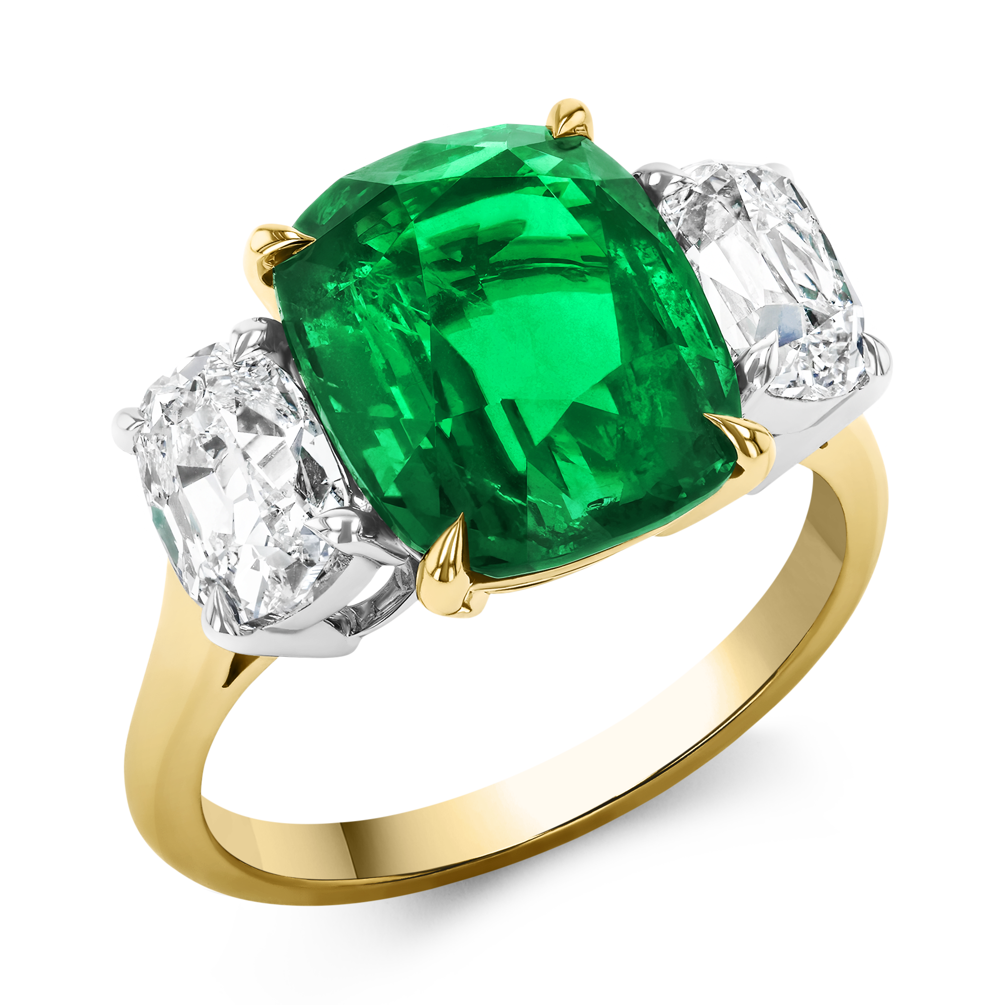 Zambian 4.54ct Emerald and Diamond Three Stone Ring Cushion modern cut, Claw set_1