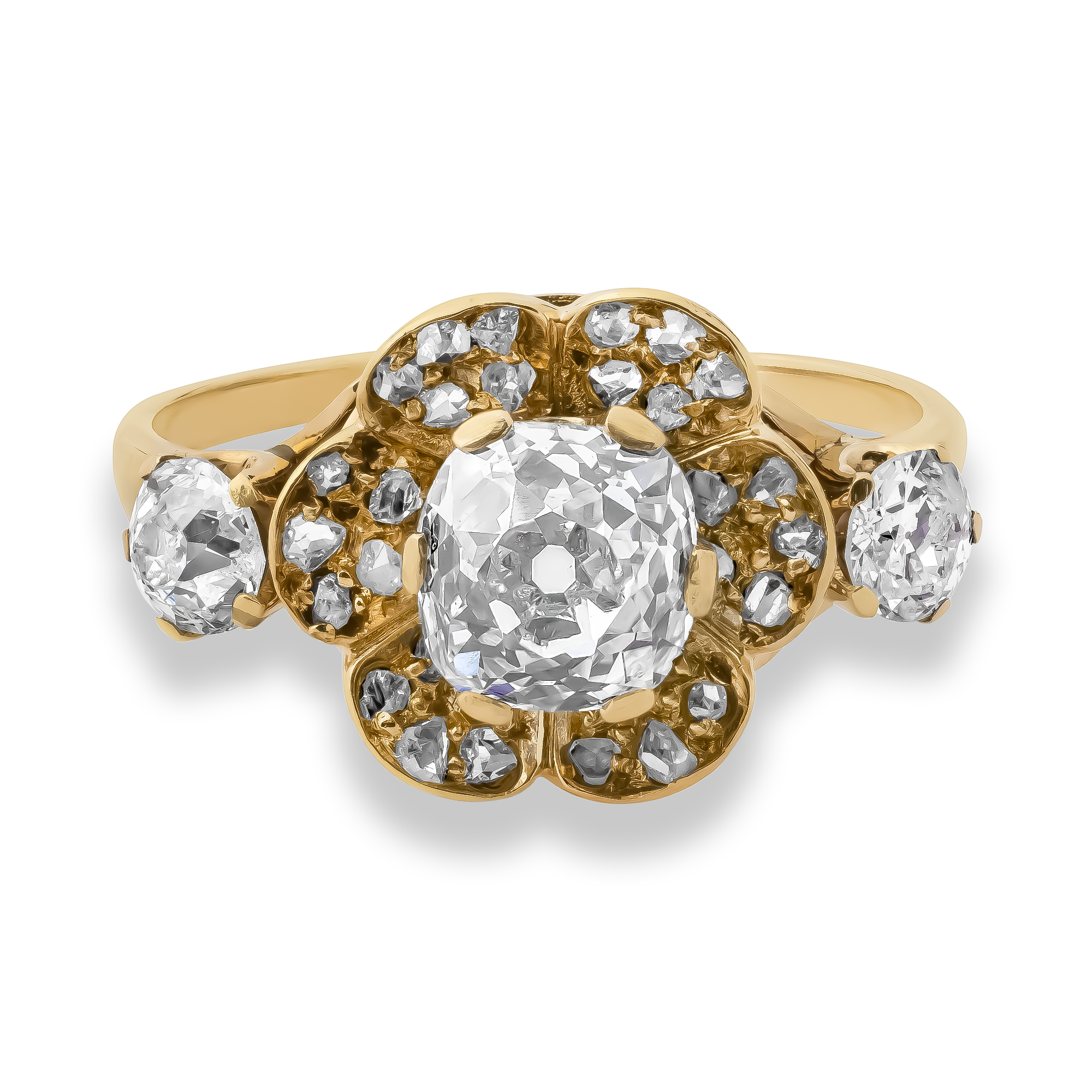 Victorian Old Mine Cut Diamond Flower Ring Old & Rose Cut, Claw Set_2