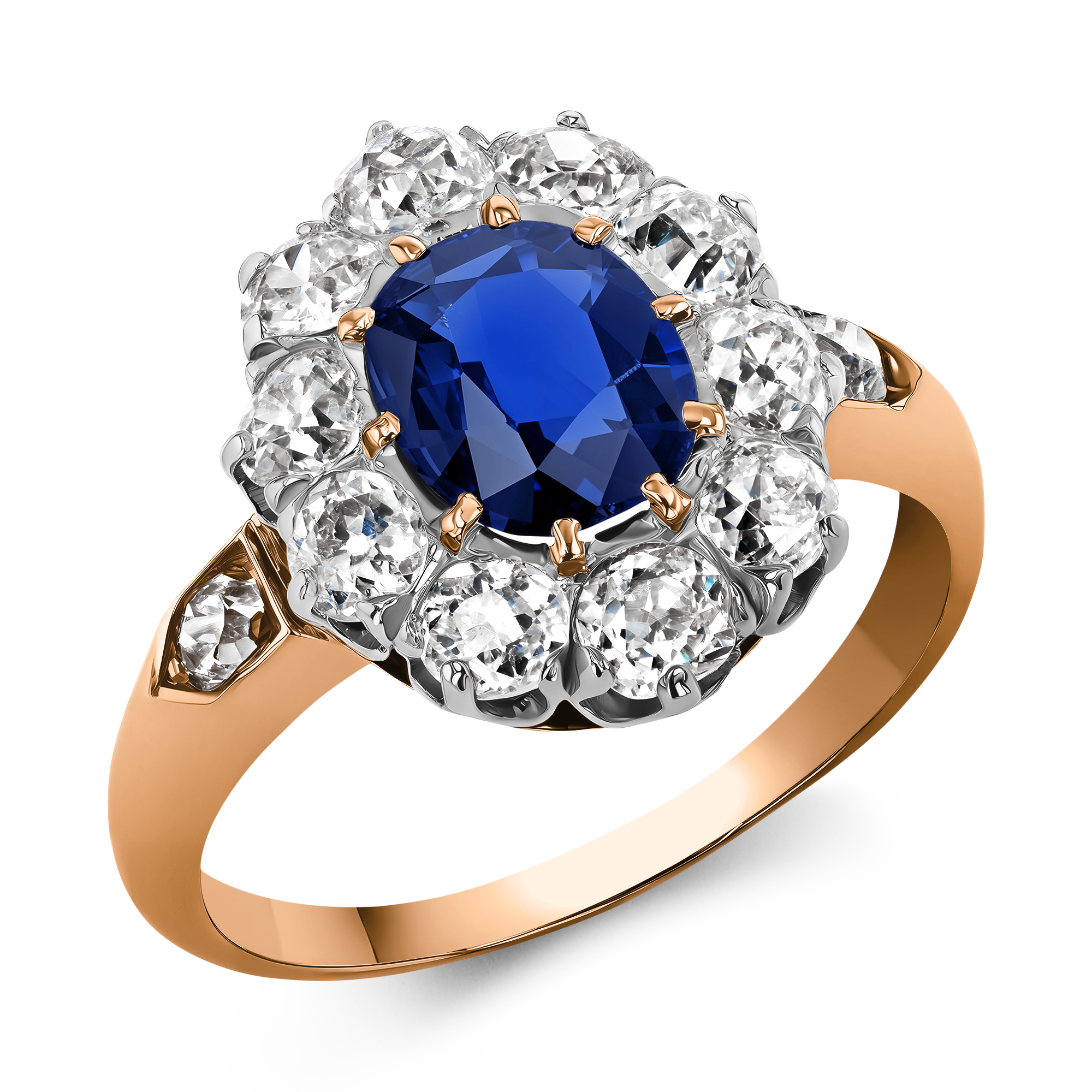 Edwardian 1.10ct Sapphire and Diamond Cluster Ring Cushion Antique Cut, Claw Set_1