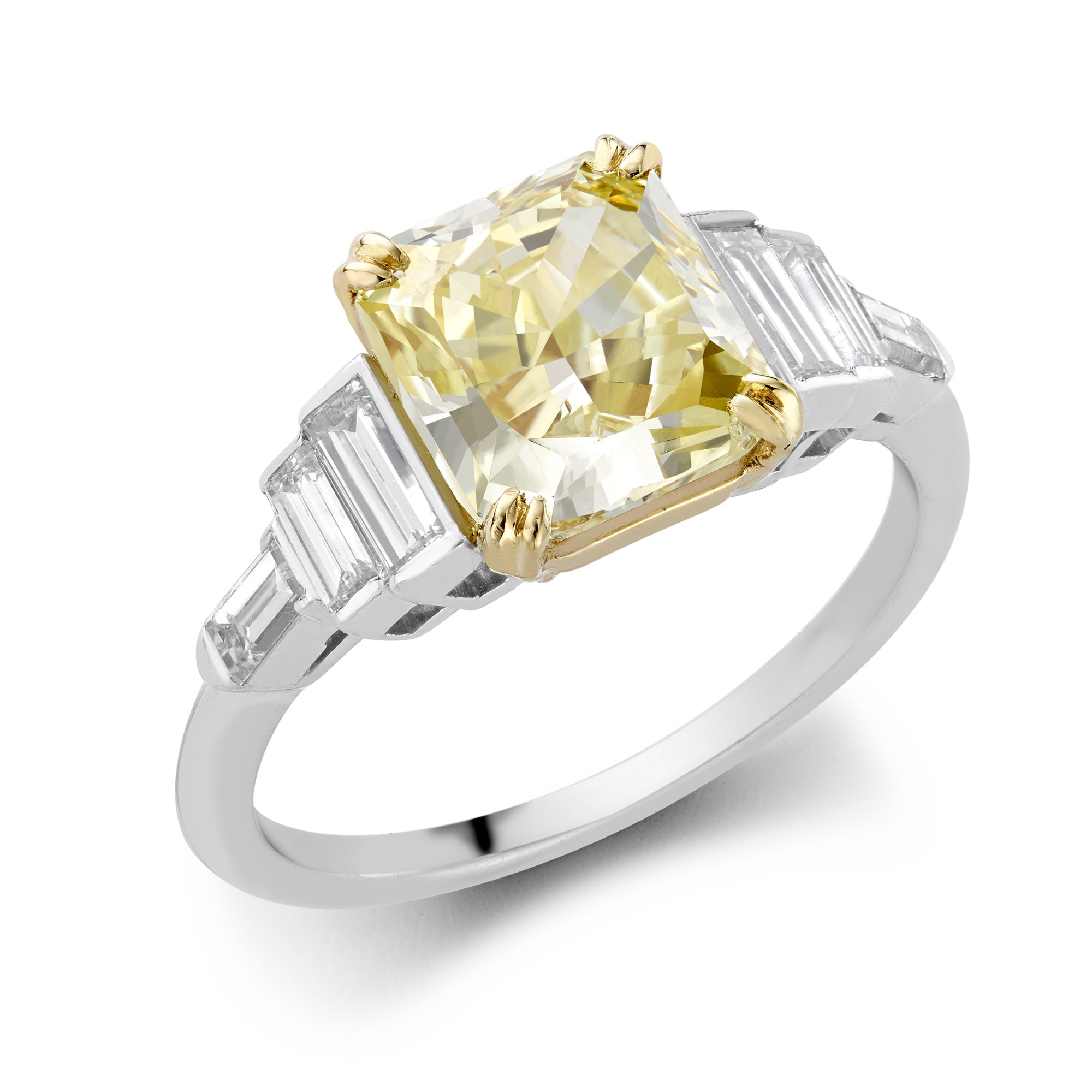 Fancy Intense Yellow Diamond Solitaire with Diamond Shoulders Radiant Cut, Four Claw Set_1