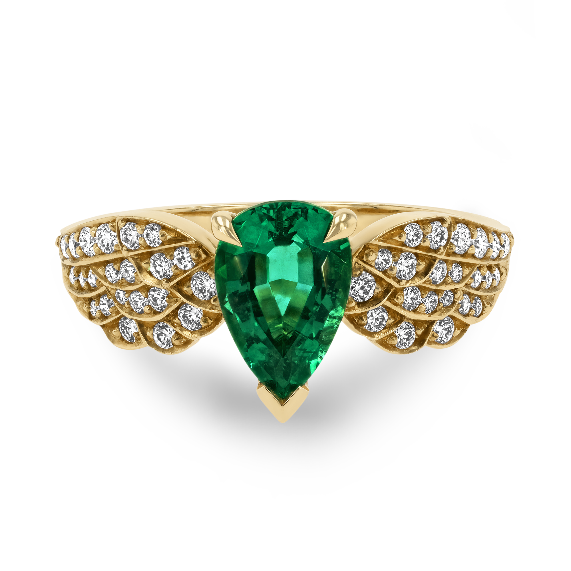 Tiara Pear Cut Emerald and Brilliant Diamond Ring Pear and Brilliant Cut, Claw and Grain Set_2