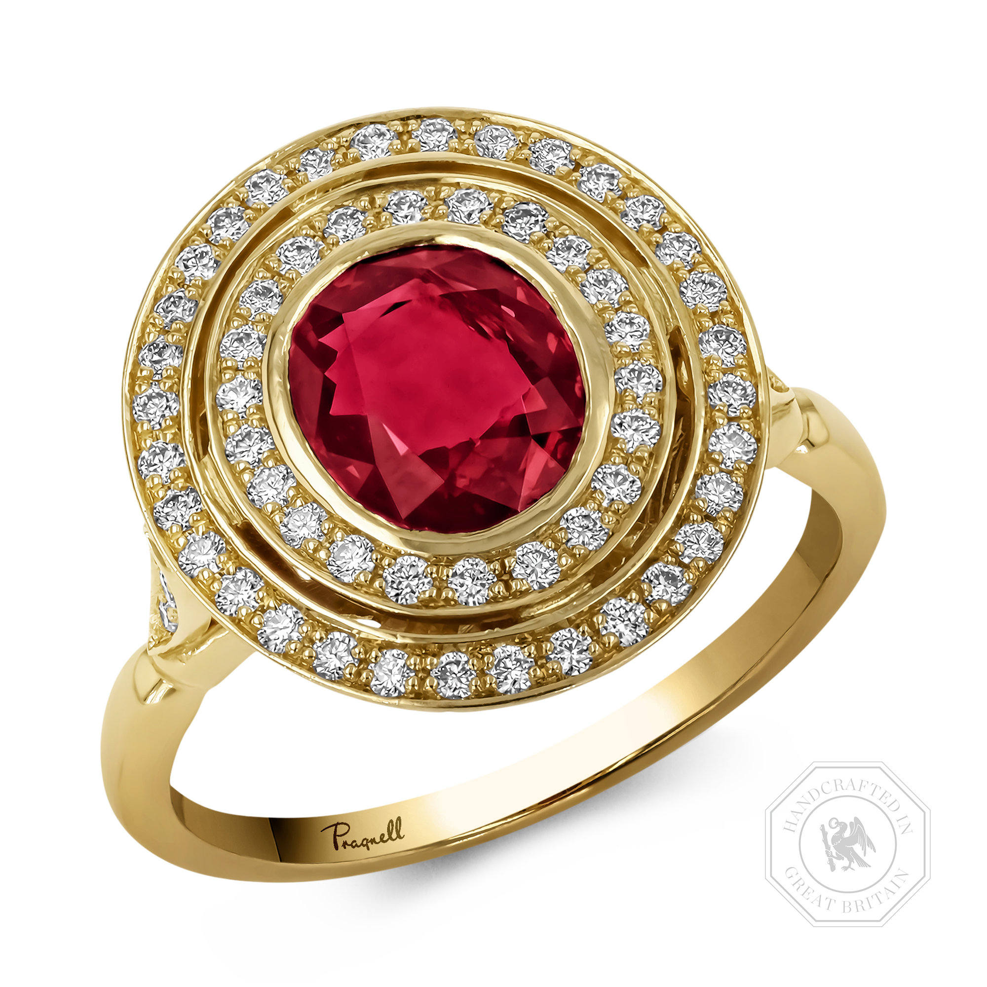 Burmese 1.71ct Ruby and Diamond Target Ring Cushion Antique Cut, Rubover Set_1