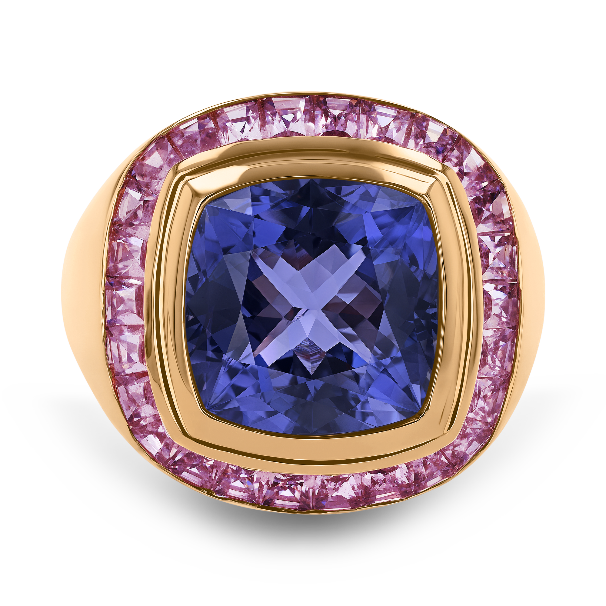 Cushion Cut Tanzanite Ring Cocktail Ring with Carre Cut Pink Sapphires_2