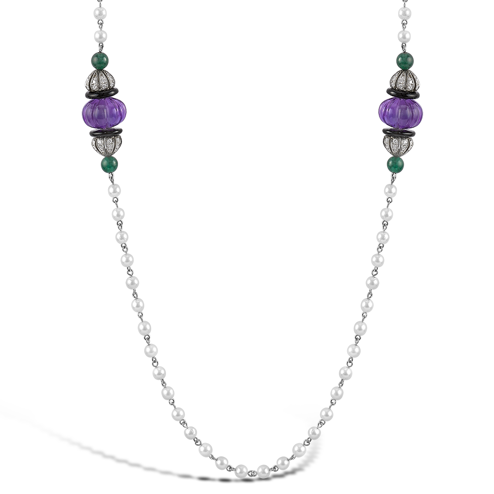 Carved Bead Amethyst Necklace Long Necklace with Pearls and Diamonds_1