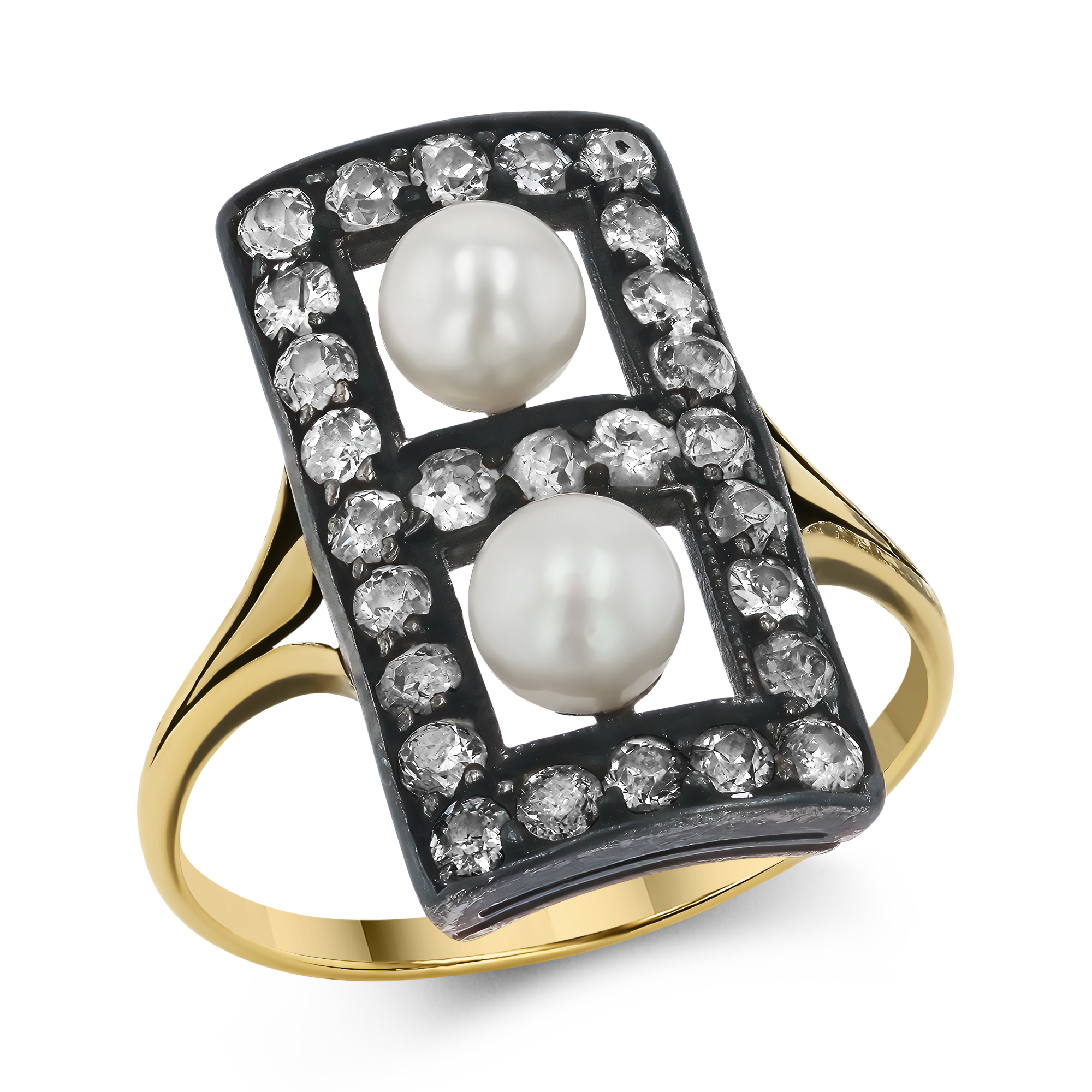 Victorian Pearl and Diamond Plaque Ring Old European Cut, Claw Set_1