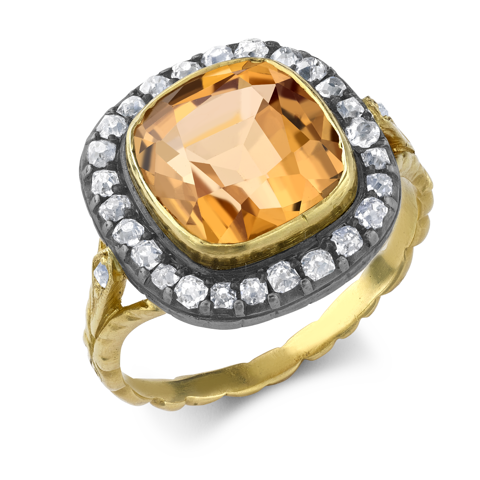 Victorian Cushion Shaped Orange Topaz Ring with Diamond Surround Antique Cushion & Old Cut, Rubover Set_1