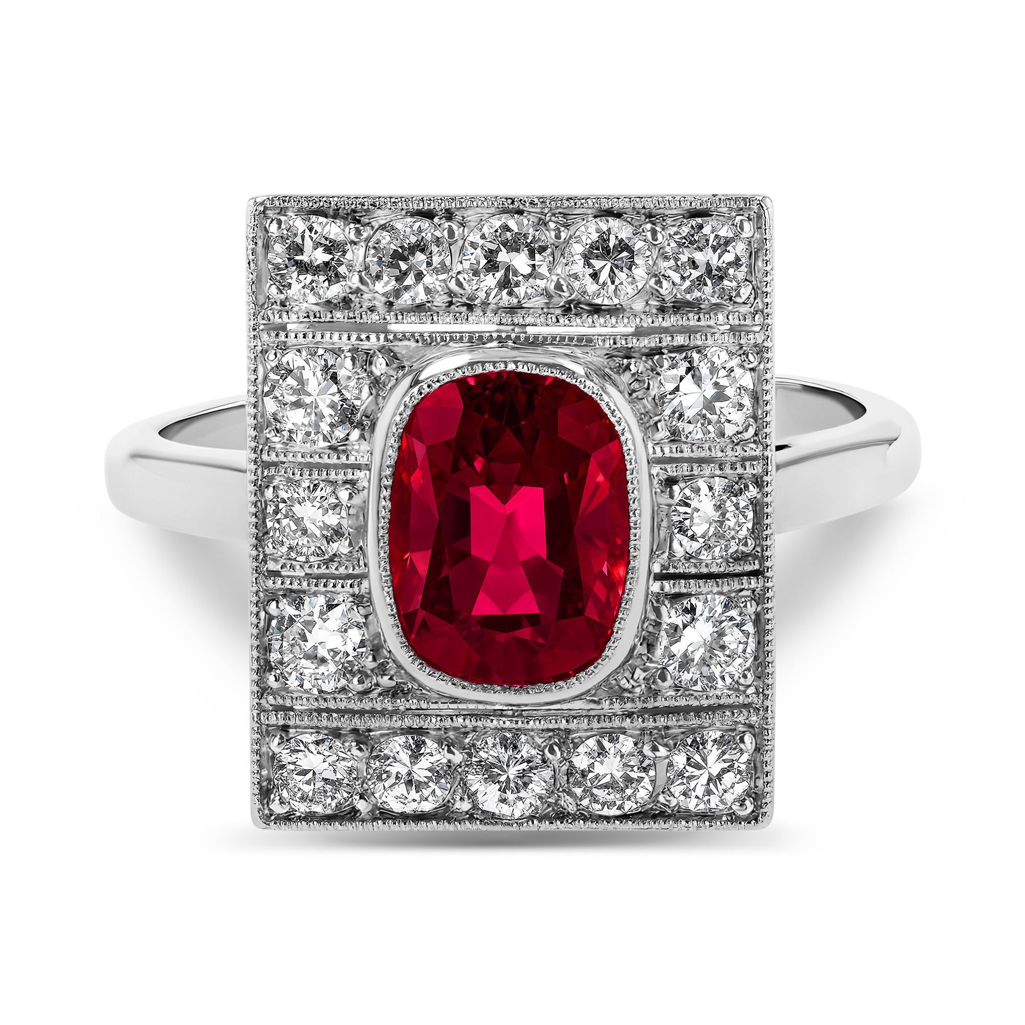 Art Deco 1.30ct Burmese Ruby and Diamond Plaque Ring Cushion Antique Cut, Millegrain_2