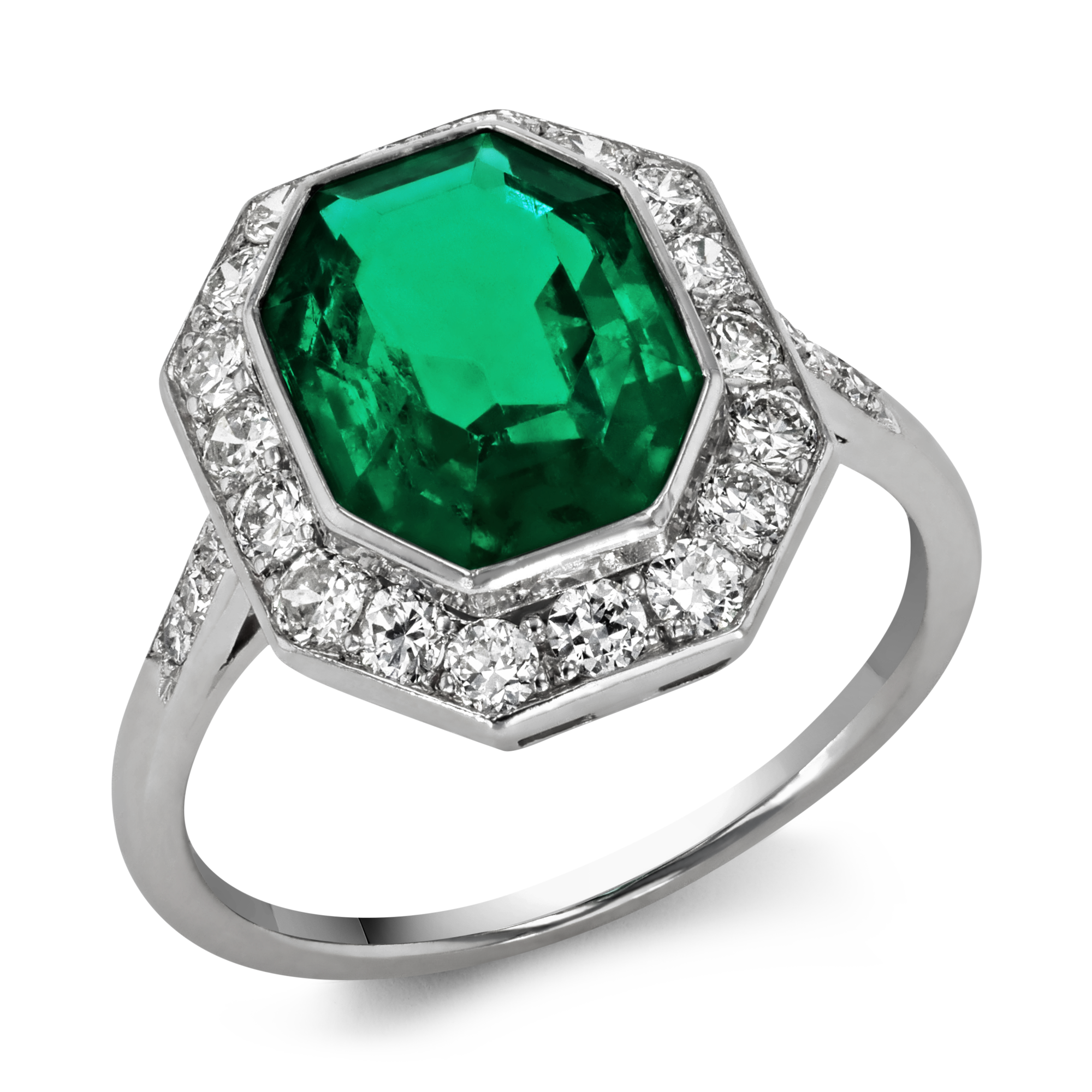 Art Deco Octagonal Colombian Emerald Ring Octagonal, Brilliant & Eight Cut, Claw Set_1