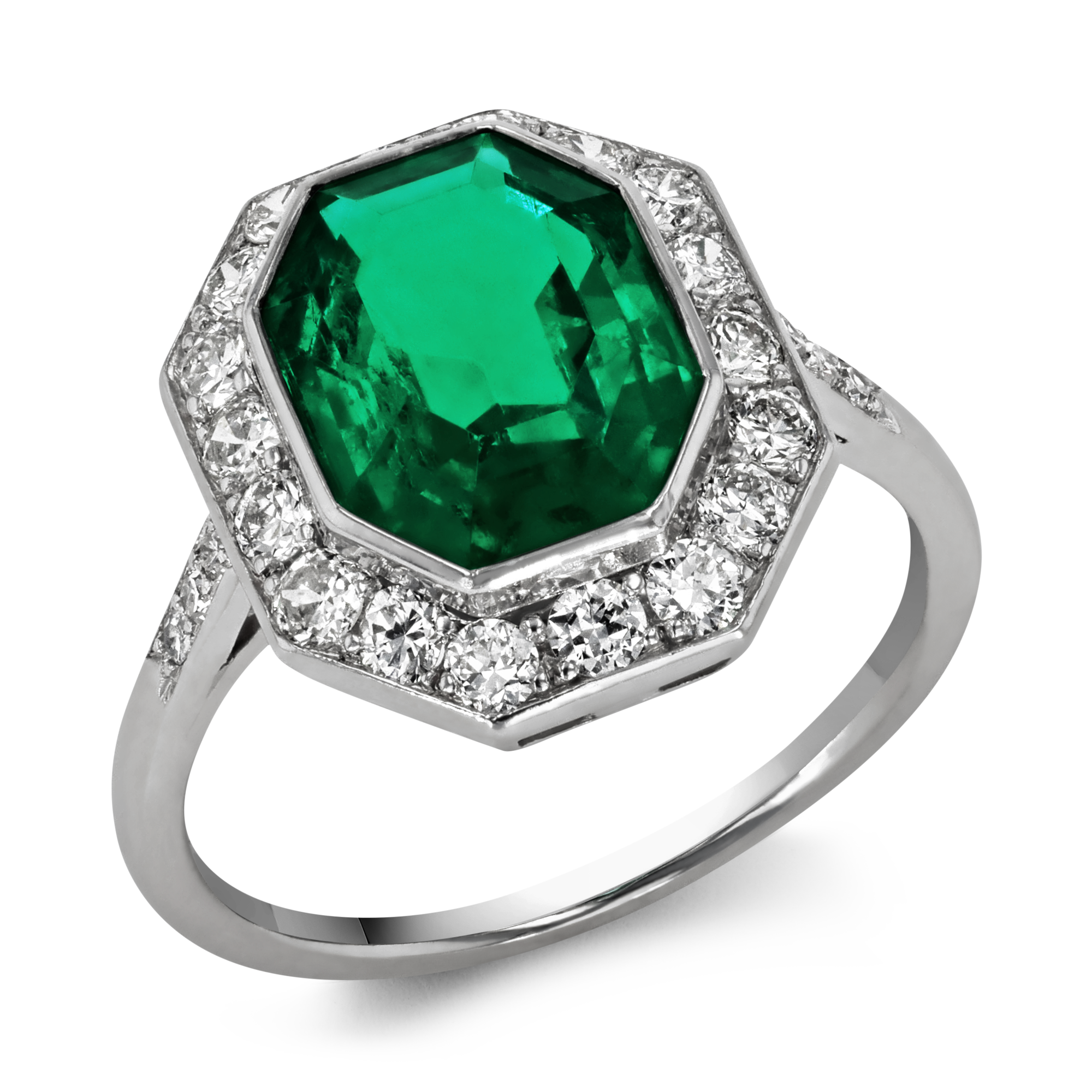 Art Deco 3.80ct Colombian Emerald and Diamond Cluster Ring Octagonal Cut, Rubover Set_1