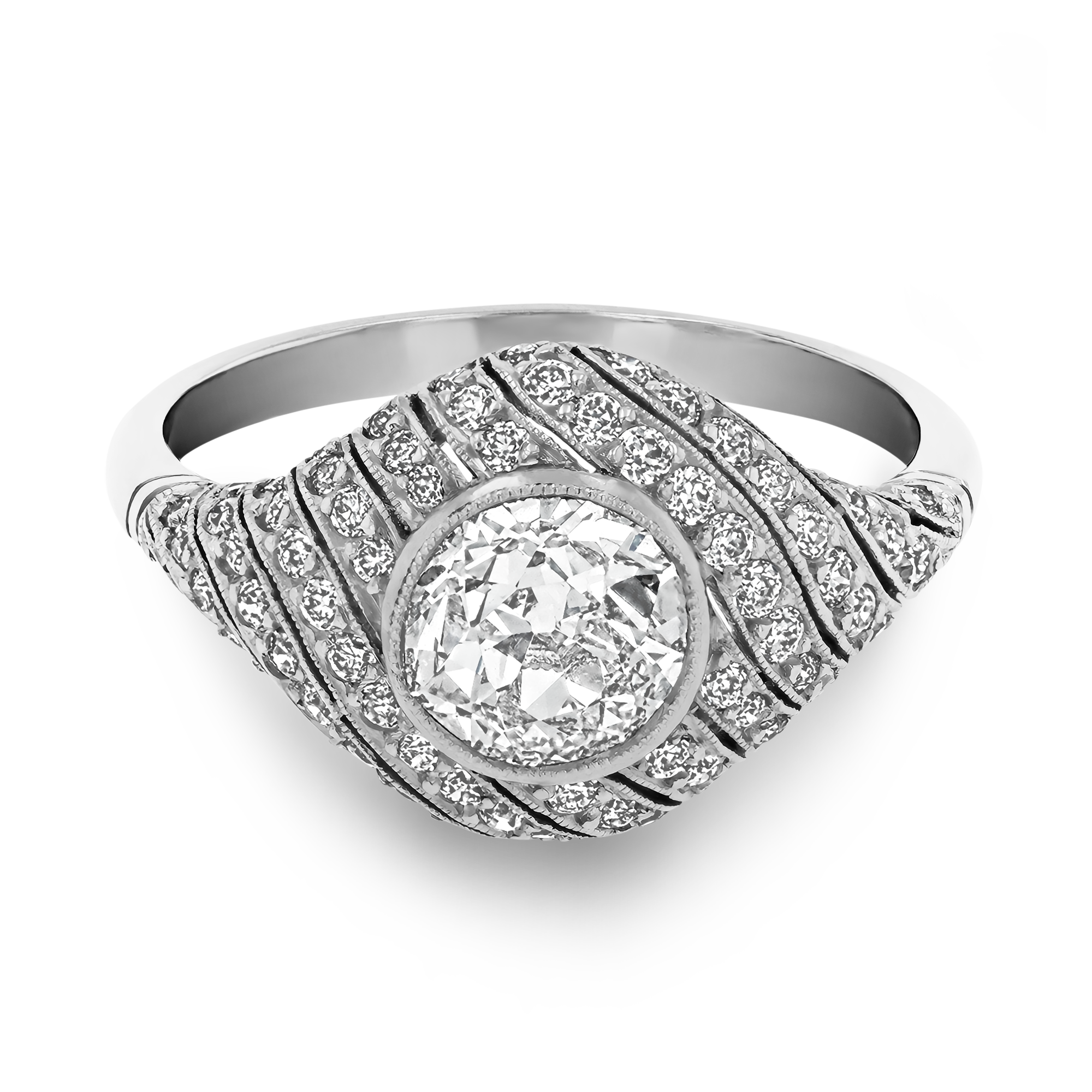 Art Deco Inspired 1.00ct Diamond Cluster Ring Old Cut, Millegrain Set_2