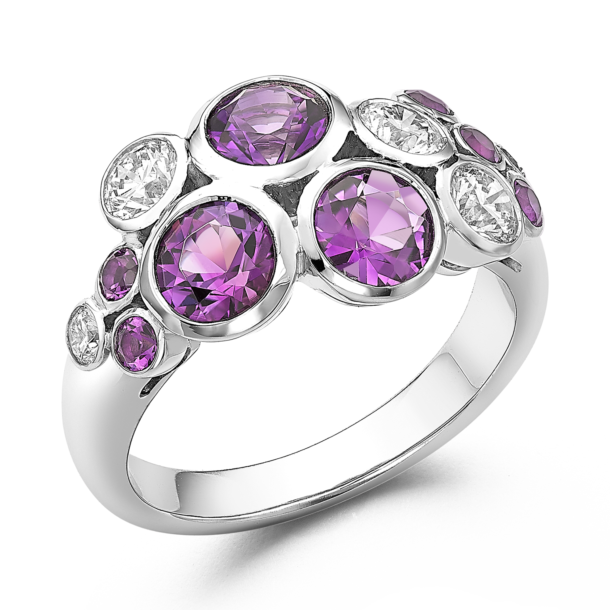 Bubbles Amethyst and Diamond Cocktail Ring Brilliant Cut, Rubover Set_1