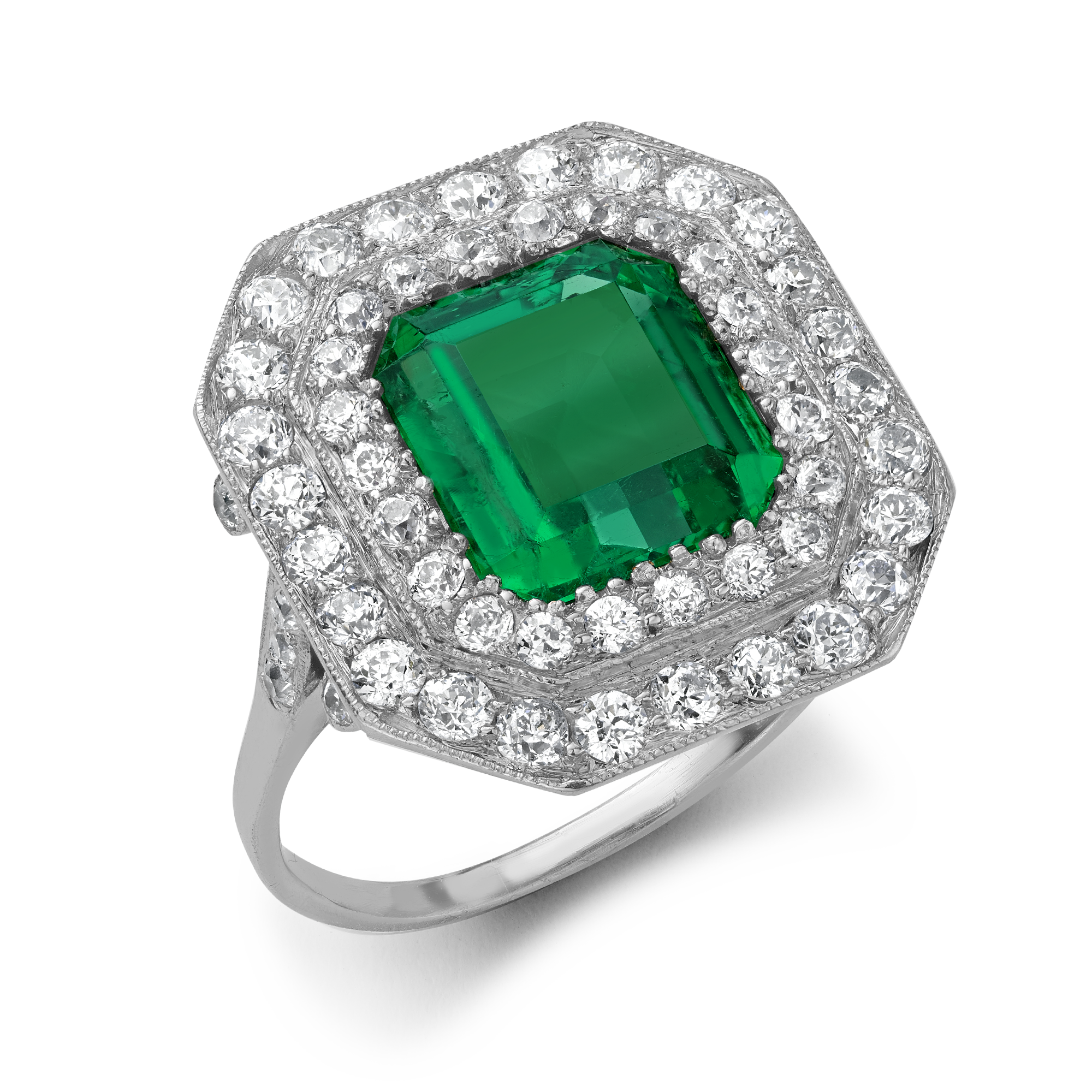 Edwardian Spaulding & Co. 7.00ct Colombian Emerald  and Diamond Cluster Ring Rectangular Cut, Millegrain Set_1