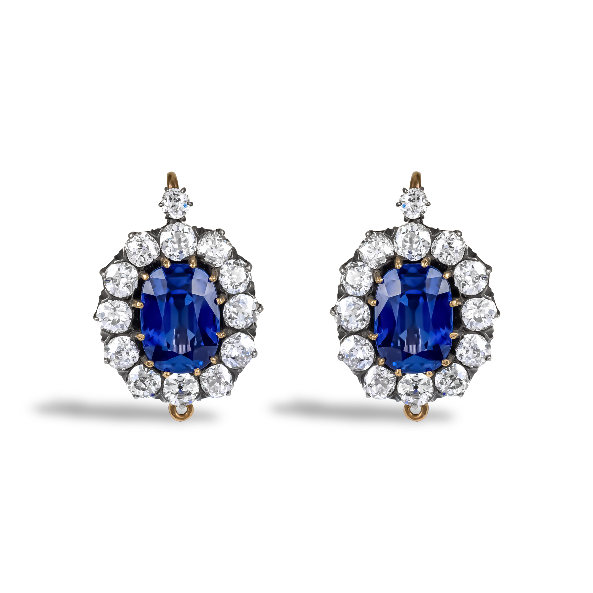Victorian 8.70ct Sri Lankan Sapphire and Diamond Cluster Earrings Cushion Cut, Claw Set_1