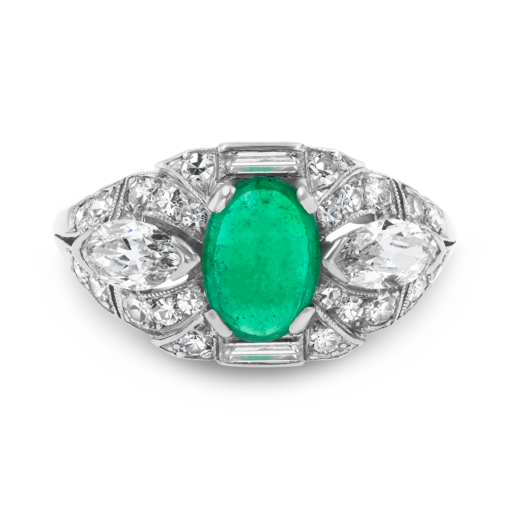 Edwardian Cabochon Cut Emerald and Diamond Ring Cabochon Cut, Claw Set_2
