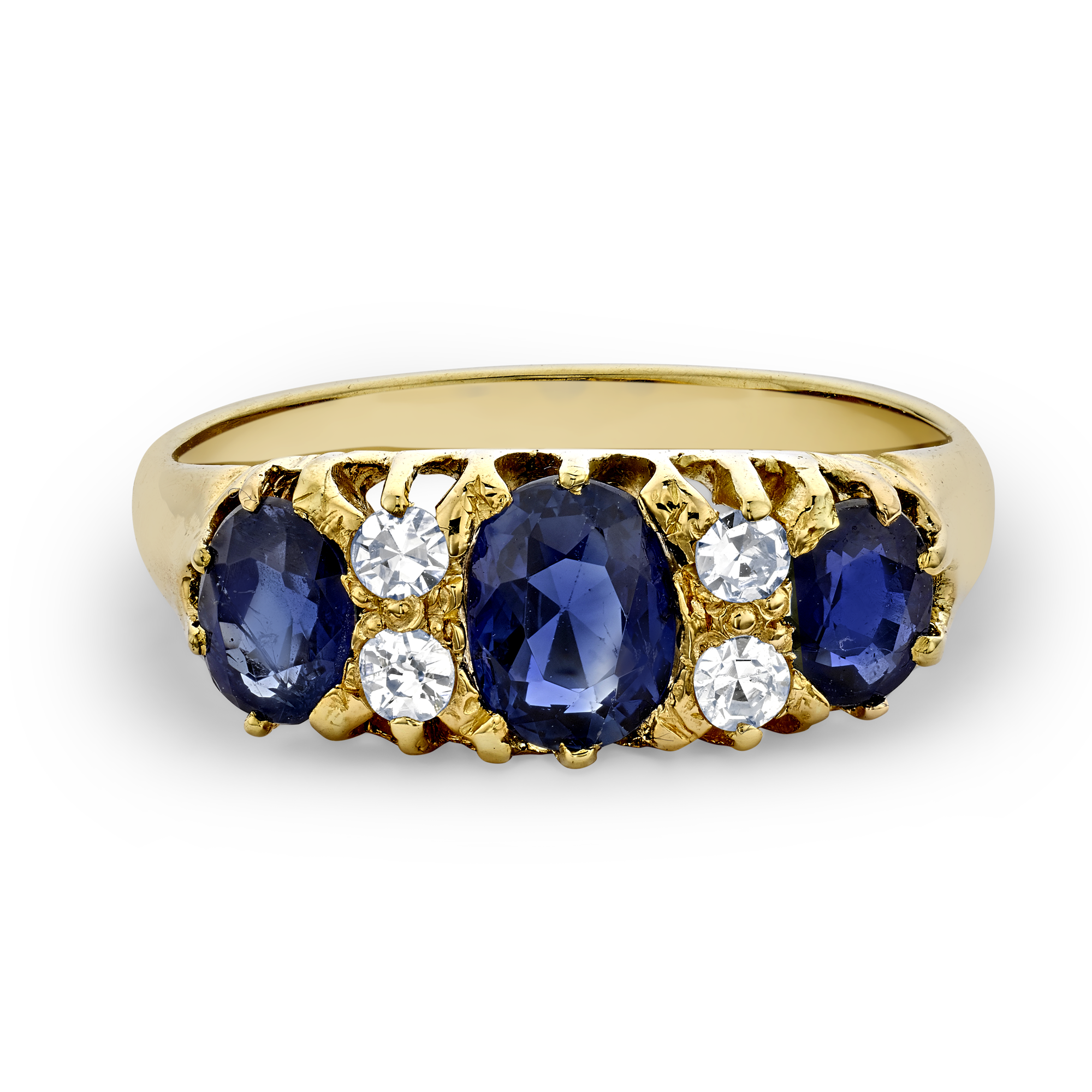 Victorian Sapphire & Diamond Three Stone Ring Oval & Old Cut, Claw Set_2