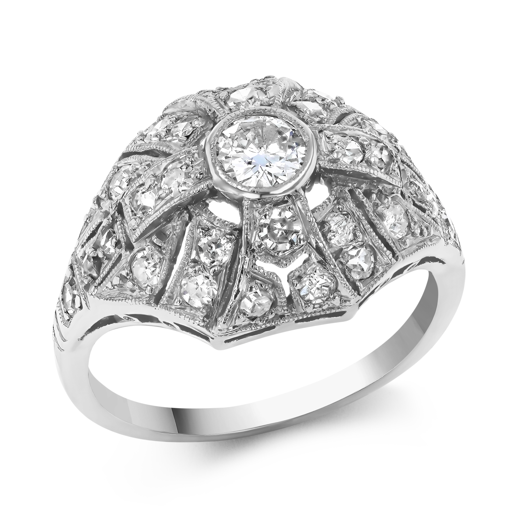 Edwardian Old European Cut Diamond Openwork Ring Old European Cut, Millegrain Set_1