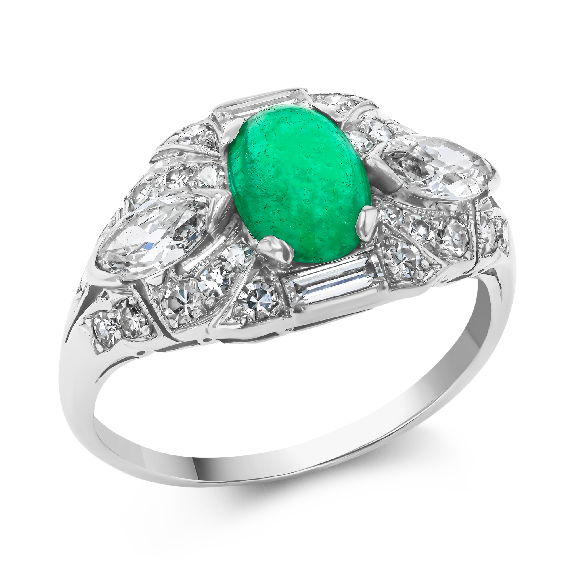Edwardian Cabochon Cut Emerald and Diamond Ring Cabochon Cut, Claw Set_1