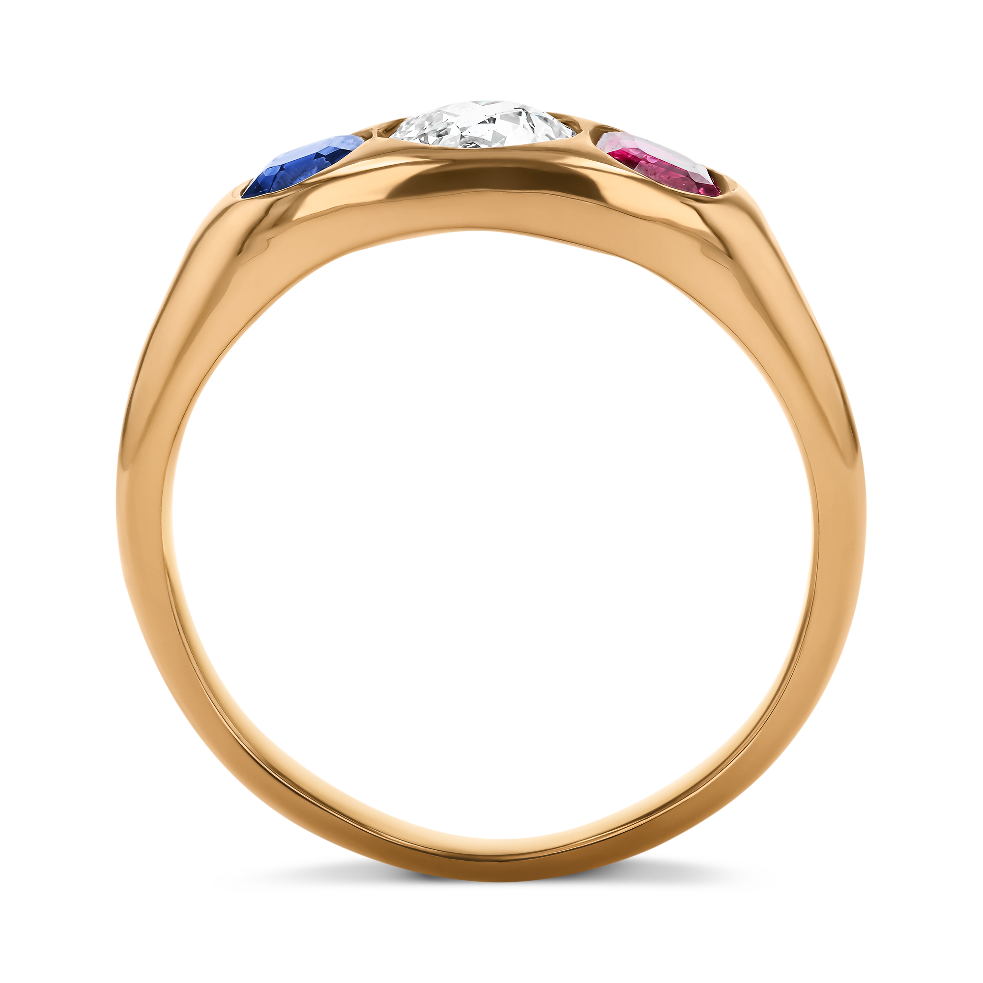 Old Cut Diamond, Sapphire and Ruby Three Stone Ring Old & Oval Cut, Gypsy Set_3