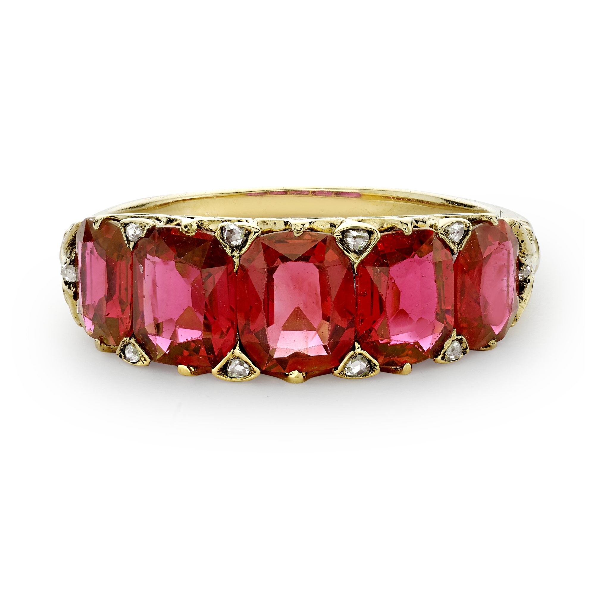 Victorian Five Stone Burmese Ruby Ring Cushion Cut, Claw Set_2