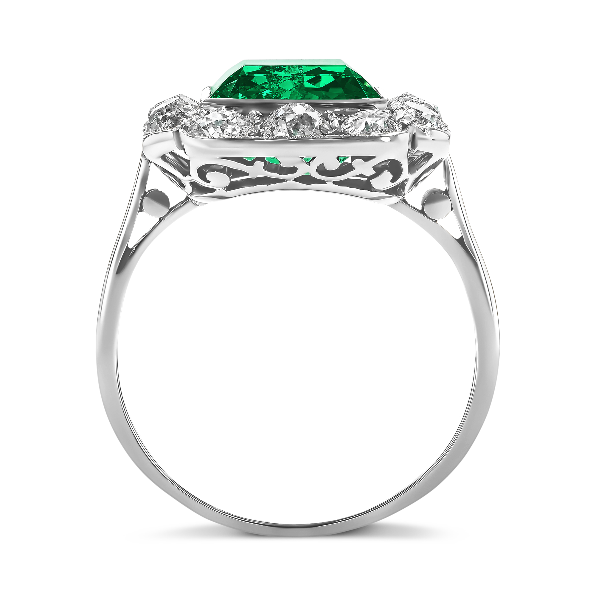 Edwardian 3.41ct Emerald and Diamond Cluster Ring Emerald Cut, Rubover Set_3