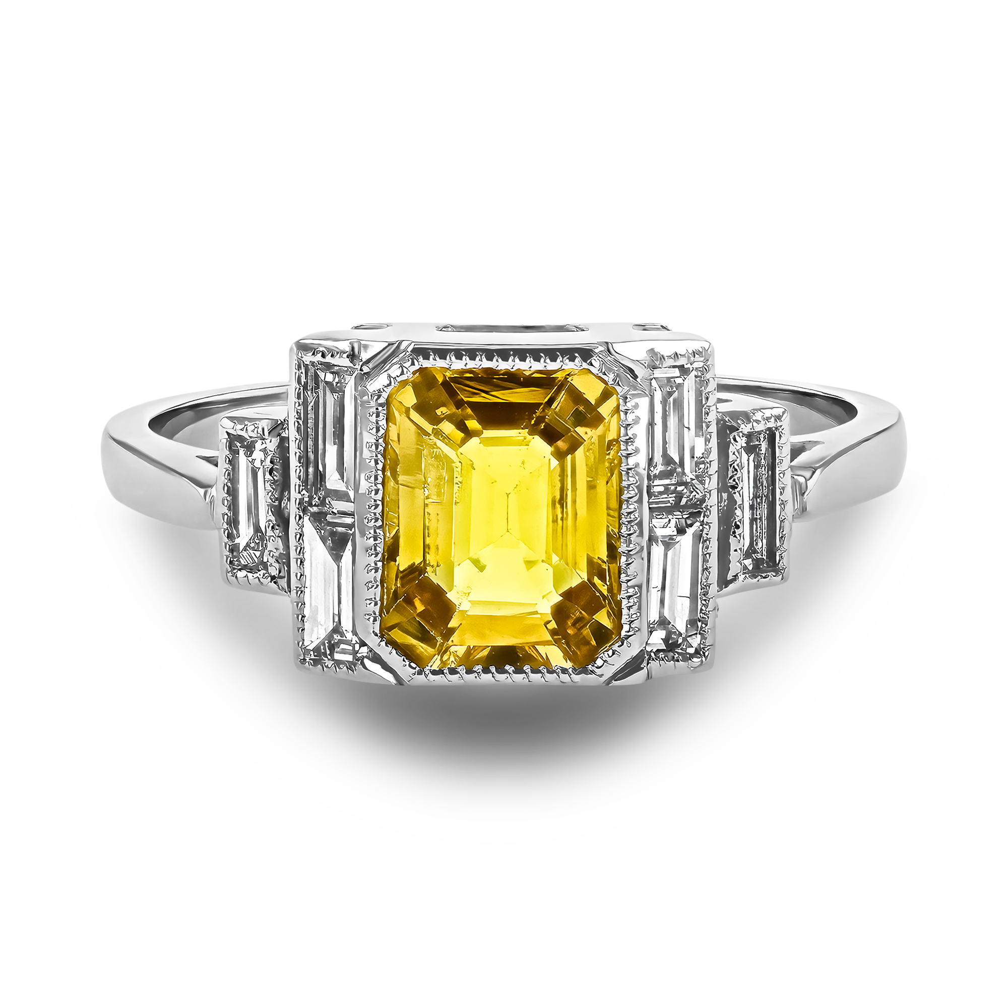 Emerald Cut 1.70ct Yellow Sapphire and Diamond Ring Millegain Set_2