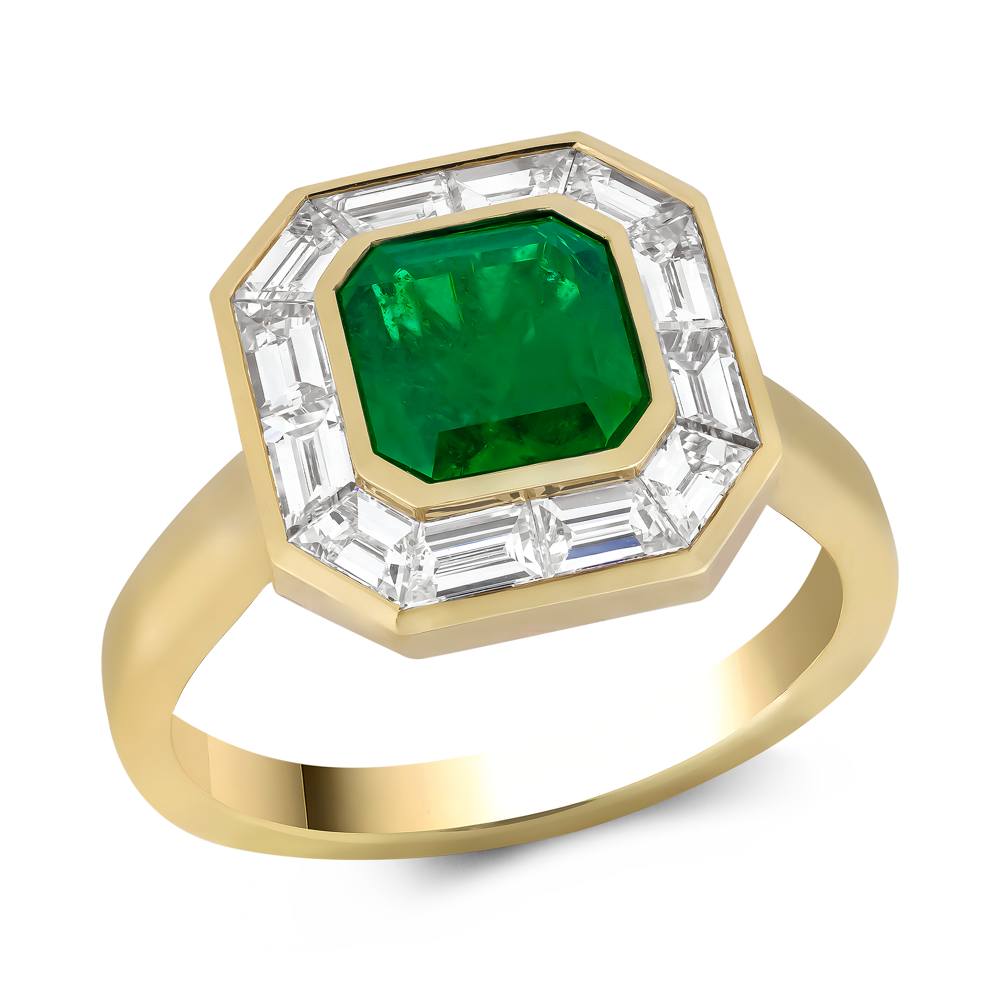 Octagonal Cut 1.50ct Emerald and Diamond Ring Octagonal & Trapezoid Cut, Rubover Set_1