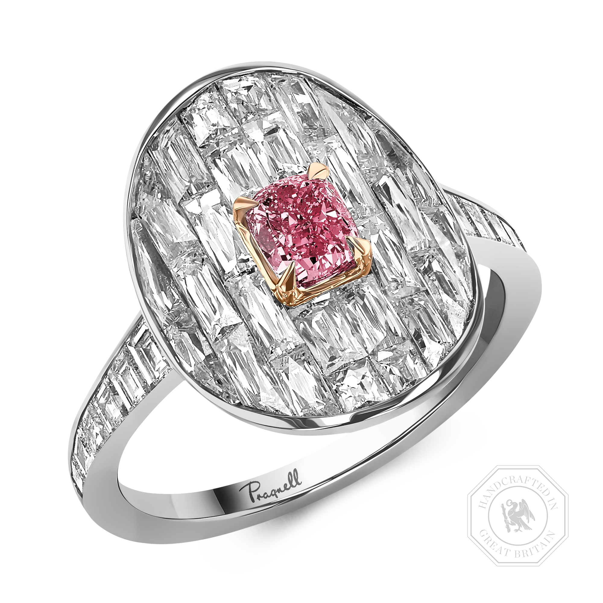 Masterpiece Stage Setting 0.50ct Fancy Vivid Pink Diamond Cluster Ring Cushion modern cut, Claw set_1