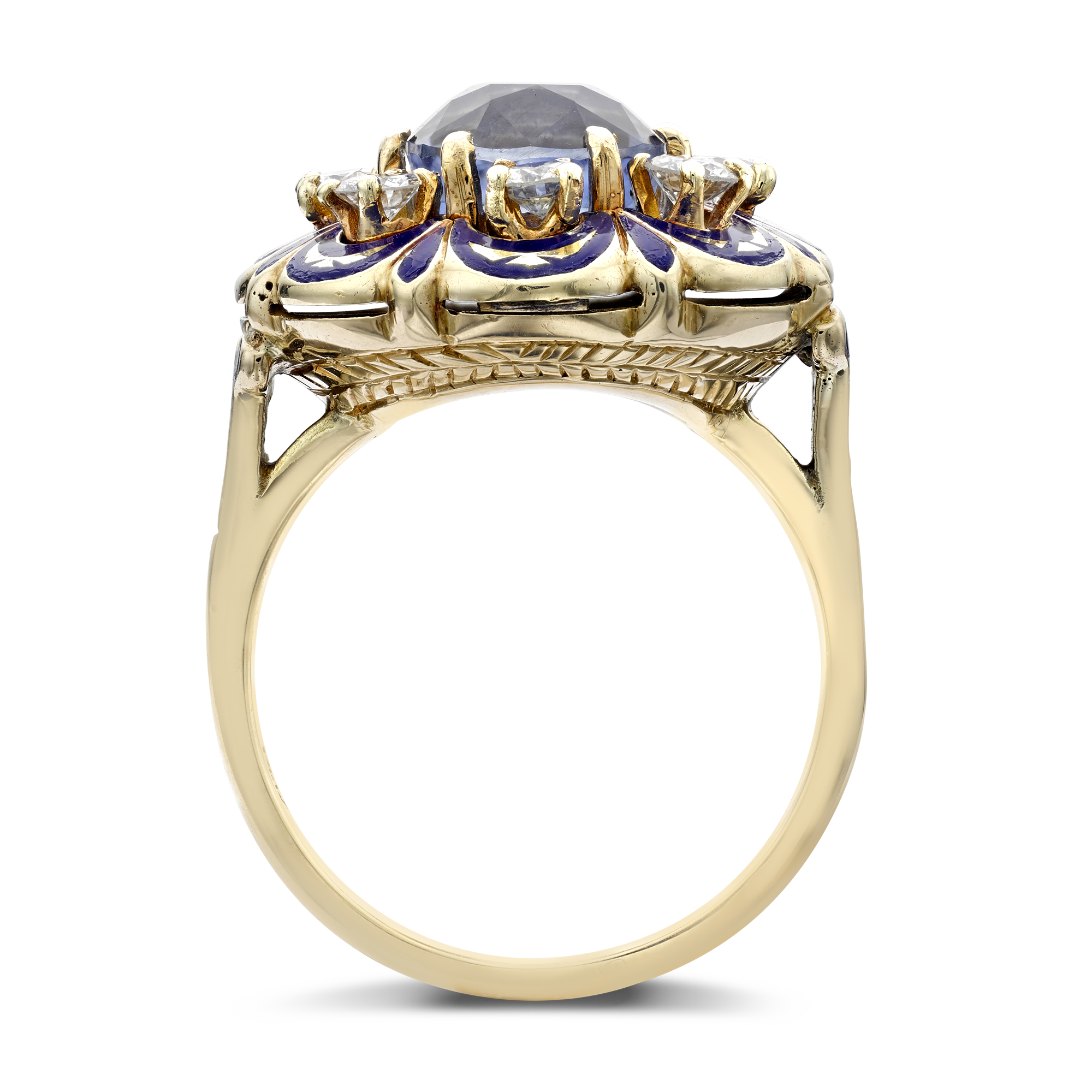 Retro American Victorian Revival Sapphire, Diamonds & Enamel Ring Oval Brilliant cut, round brilliant cut, Claw set_3