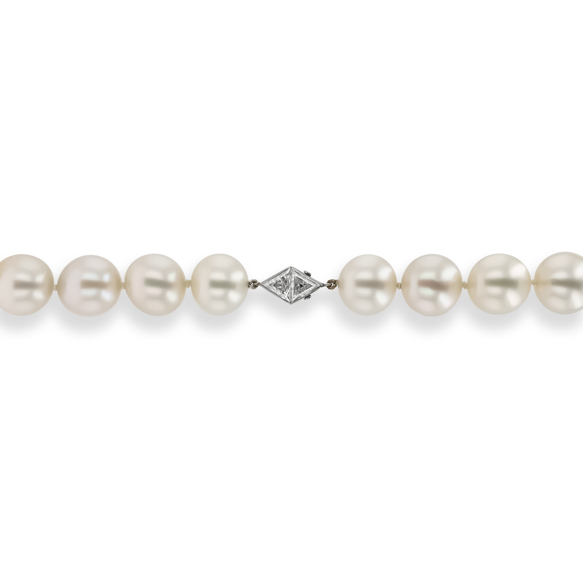 South Sea Pearl Necklace with Art Deco Diamond Clasp Trilliant Cut, Rubover Set_3