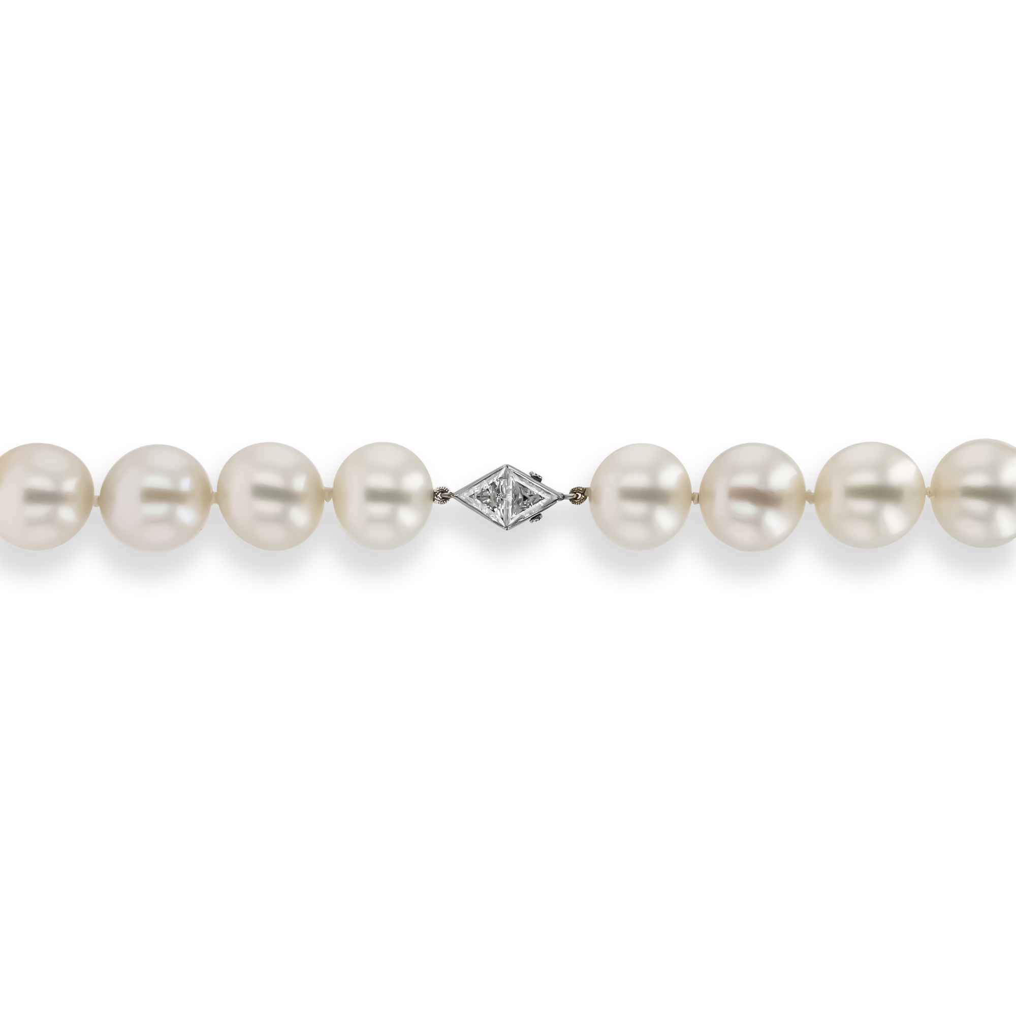 South Sea Pearl Necklace with Art Deco Diamond Clasp Trilliant Cut, Rubover Set_3