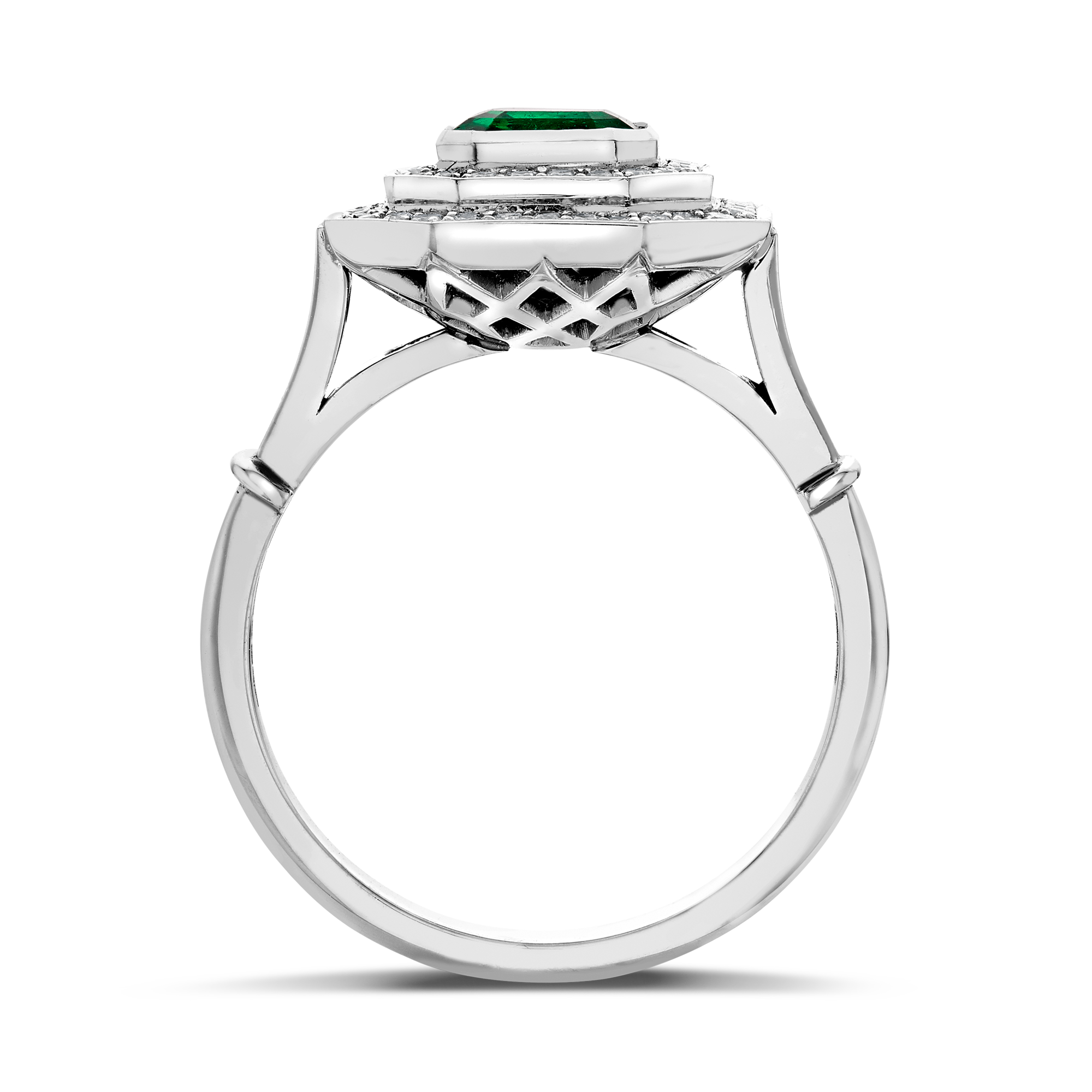 Art Deco Inspired 0.82ct Emerald and Diamond Target Ring Emerald Cut, Rubover Set_3