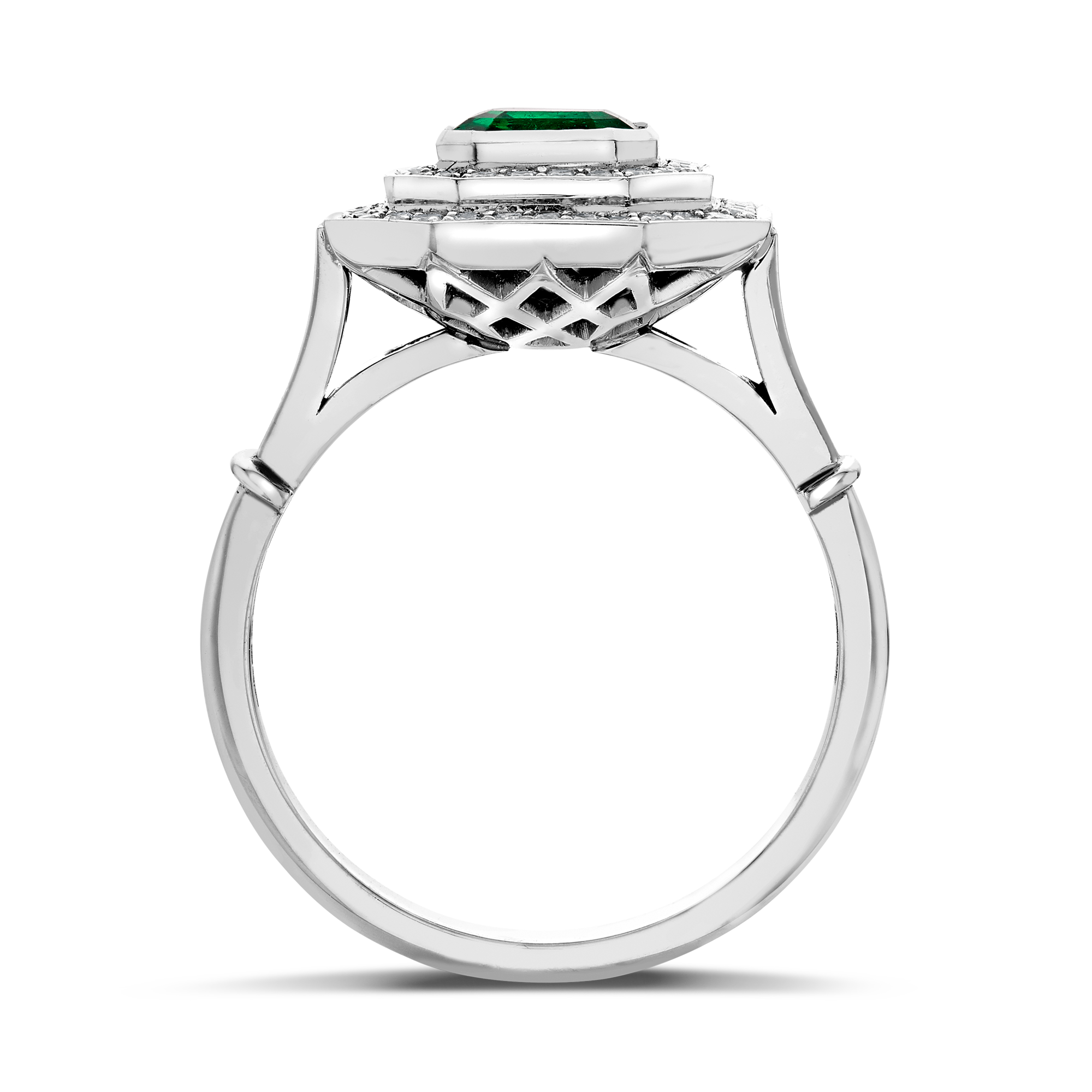 Art Deco Inspired 0.82ct Emerald and Diamond Target Ring Emerald Cut, Rubover Set_3