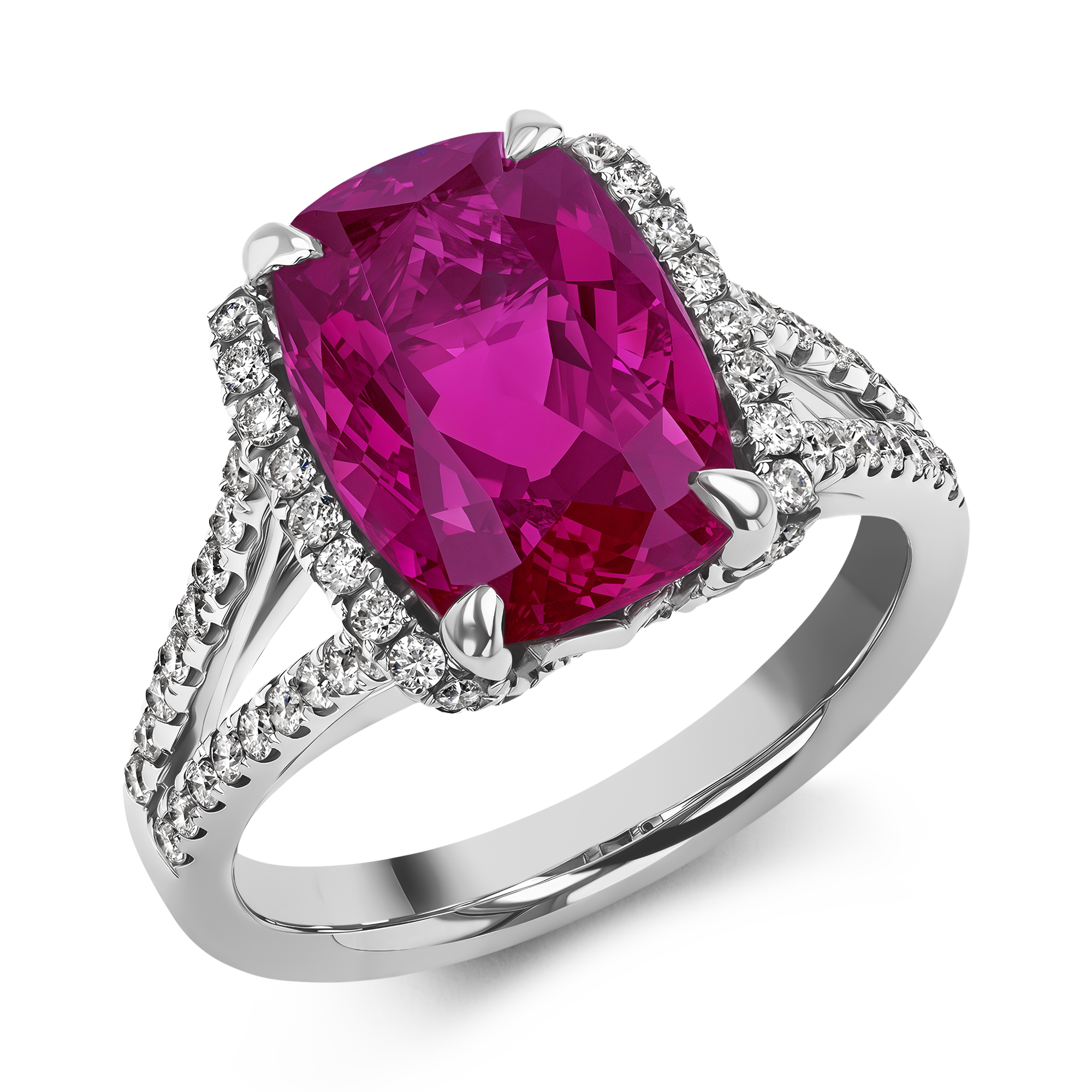 Pink Tourmaline and Diamond Ring with Diamond Set Shoulders Cushion Modern, Claw Set_1