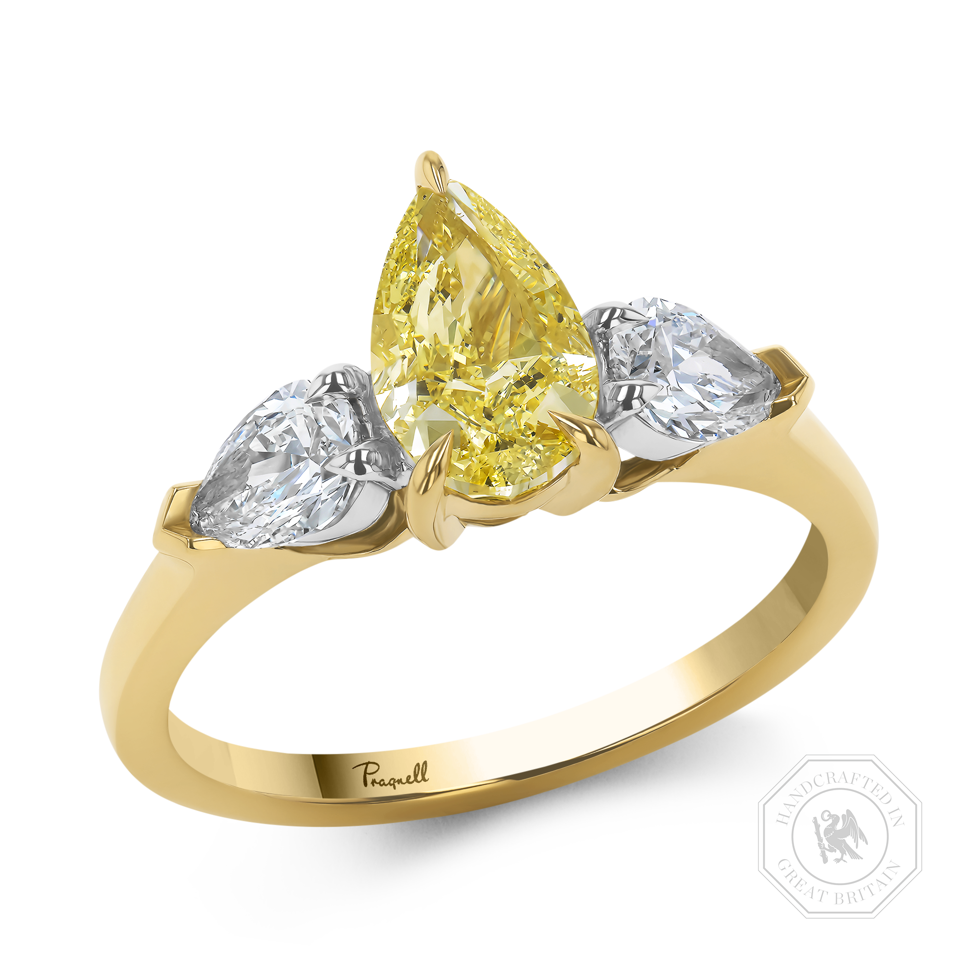 Pear Shaped 1.36ct Fancy Intense Yellow Three Stone Diamond Ring Pear Cut, Claw Set_1