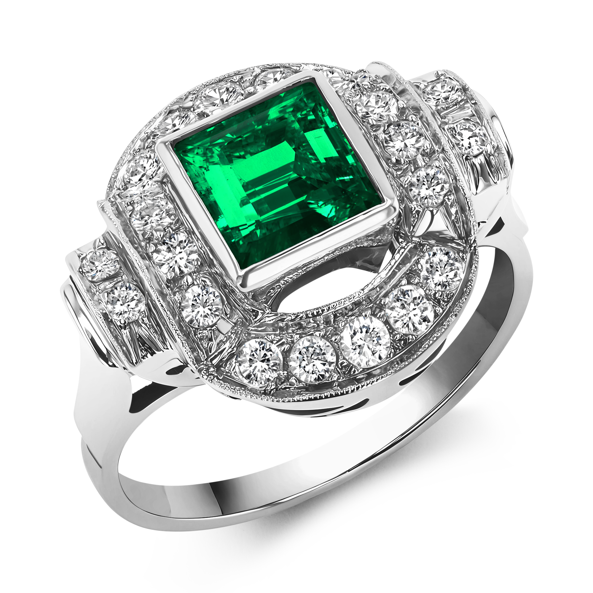 Art Deco Emerald and Diamond Cocktail Ring Emerald Cut, Rubover Set_1