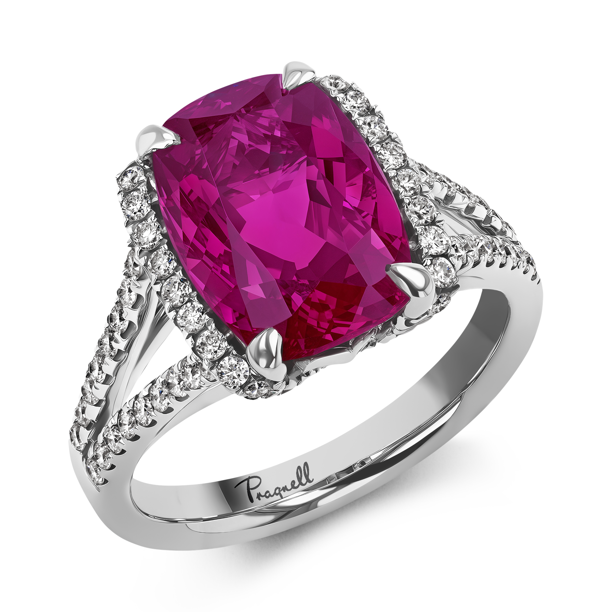 Pink Tourmaline and Diamond Ring with Diamond Set Shoulders Cushion Modern, Claw Set_1